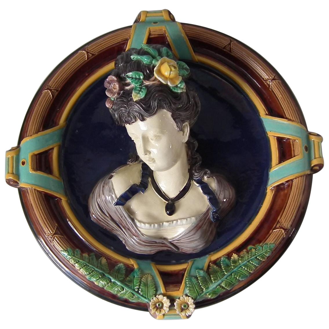 19th Century Large Schiller Majolica Portraiture Wall Plaque