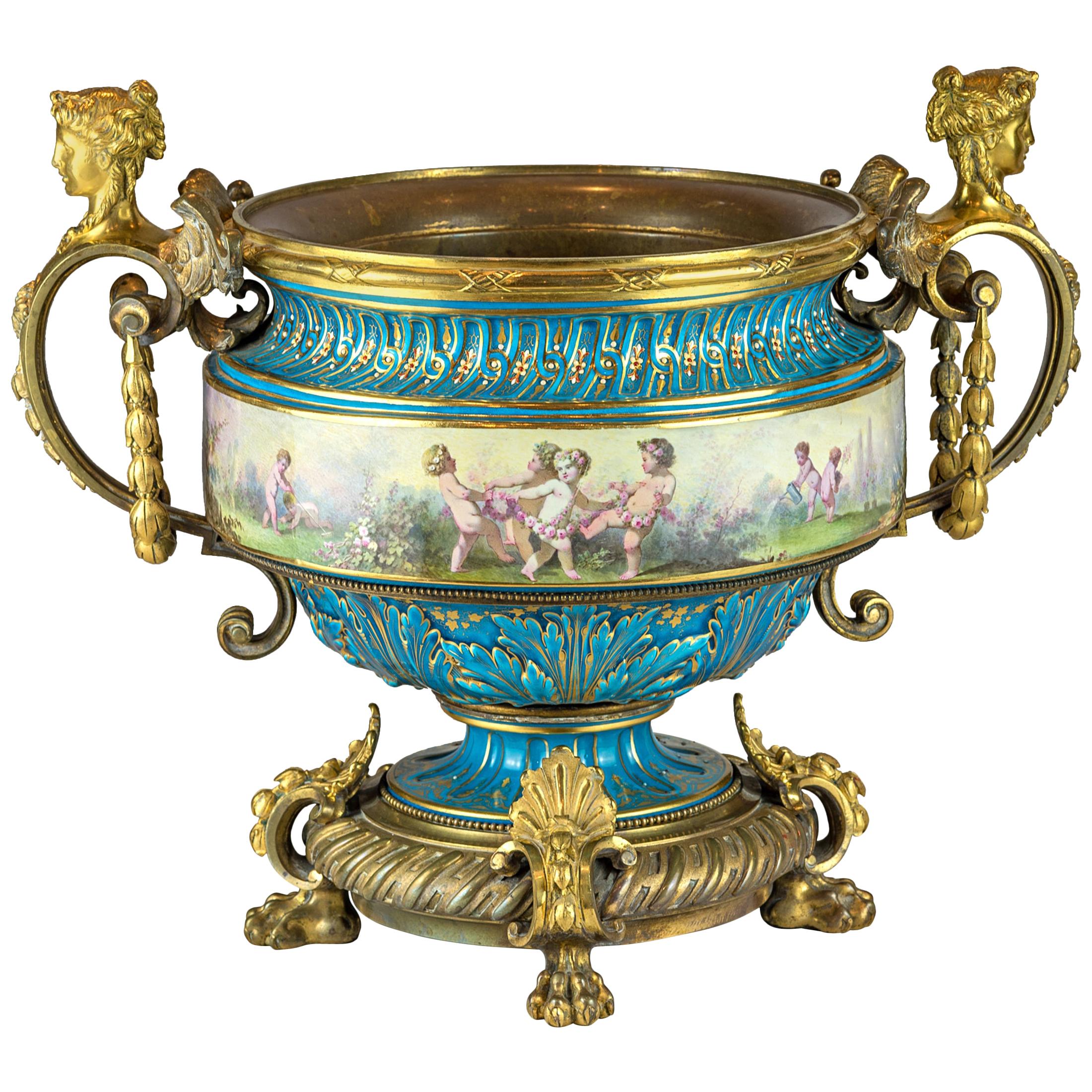 19th Century Large Sevres-Style and Gilt Bronze Centerpiece For Sale
