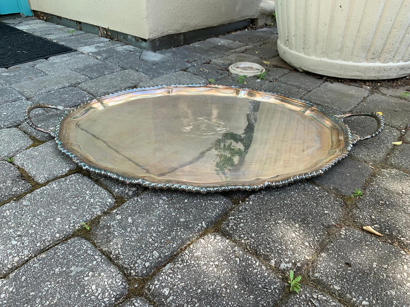 19th Century Large Sheffield Silver Plate Serving Tray with Crest 3