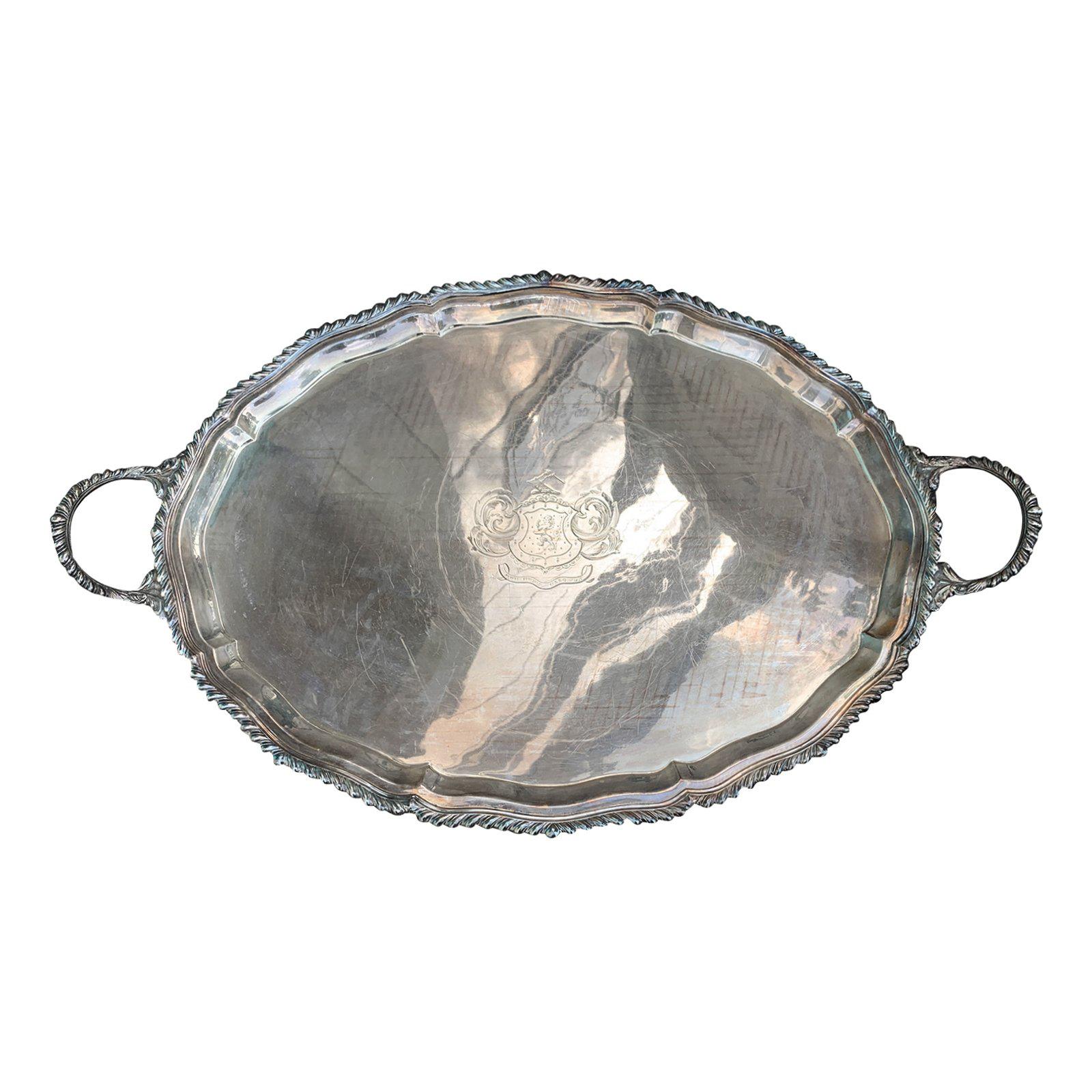 19th Century Large Sheffield Silver Plate Serving Tray with Crest
