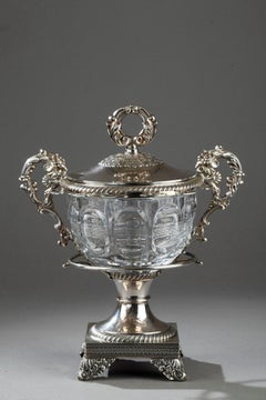 19th Century Large Silver and Cut-Crystal Confiturier, with 12 Spoons