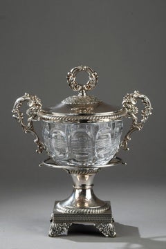 19th Century Large Silver and Cut-Crystal Confiturier, with 12 Spoons