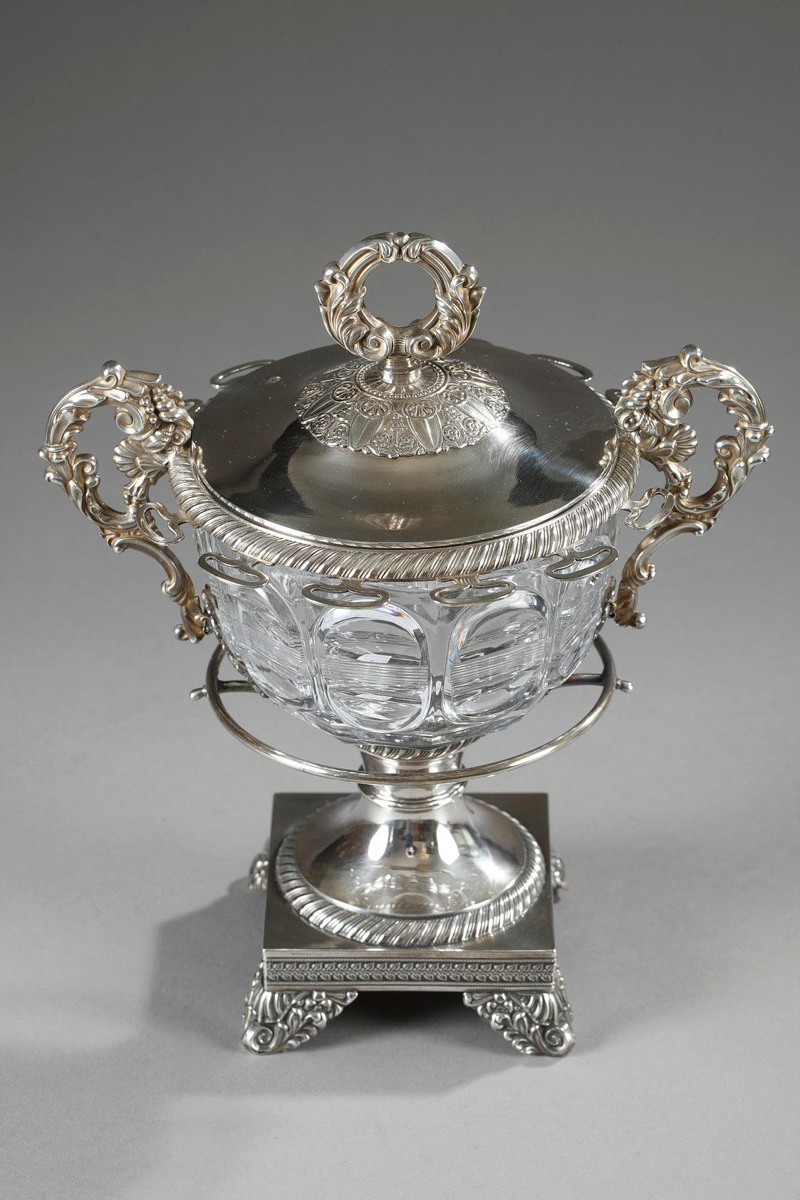 Restauration 19th Century Large Silver and Cut-Crystal Confiturier, with 12 Spoons