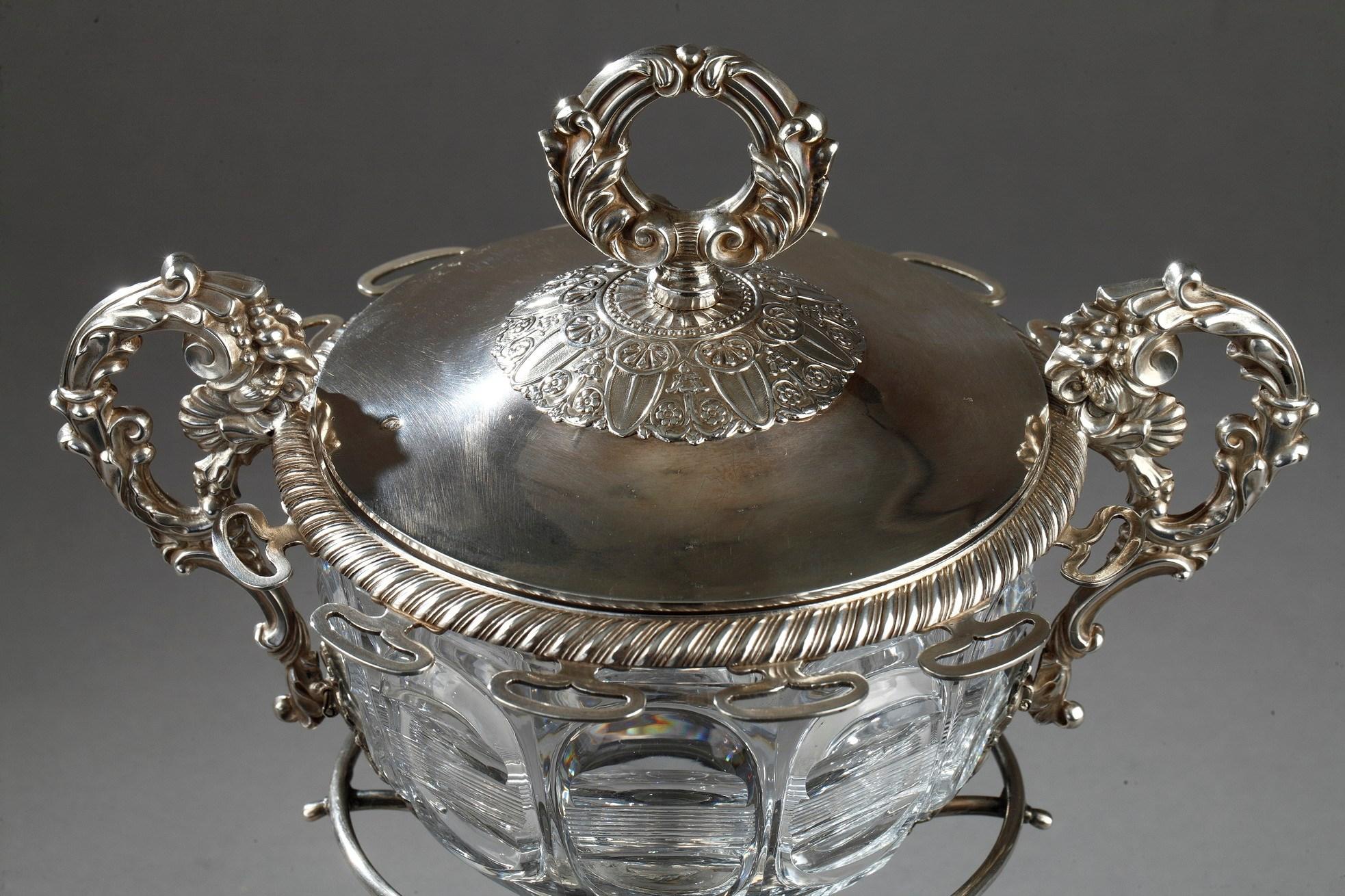 French 19th Century Large Silver and Cut-Crystal Confiturier, with 12 Spoons