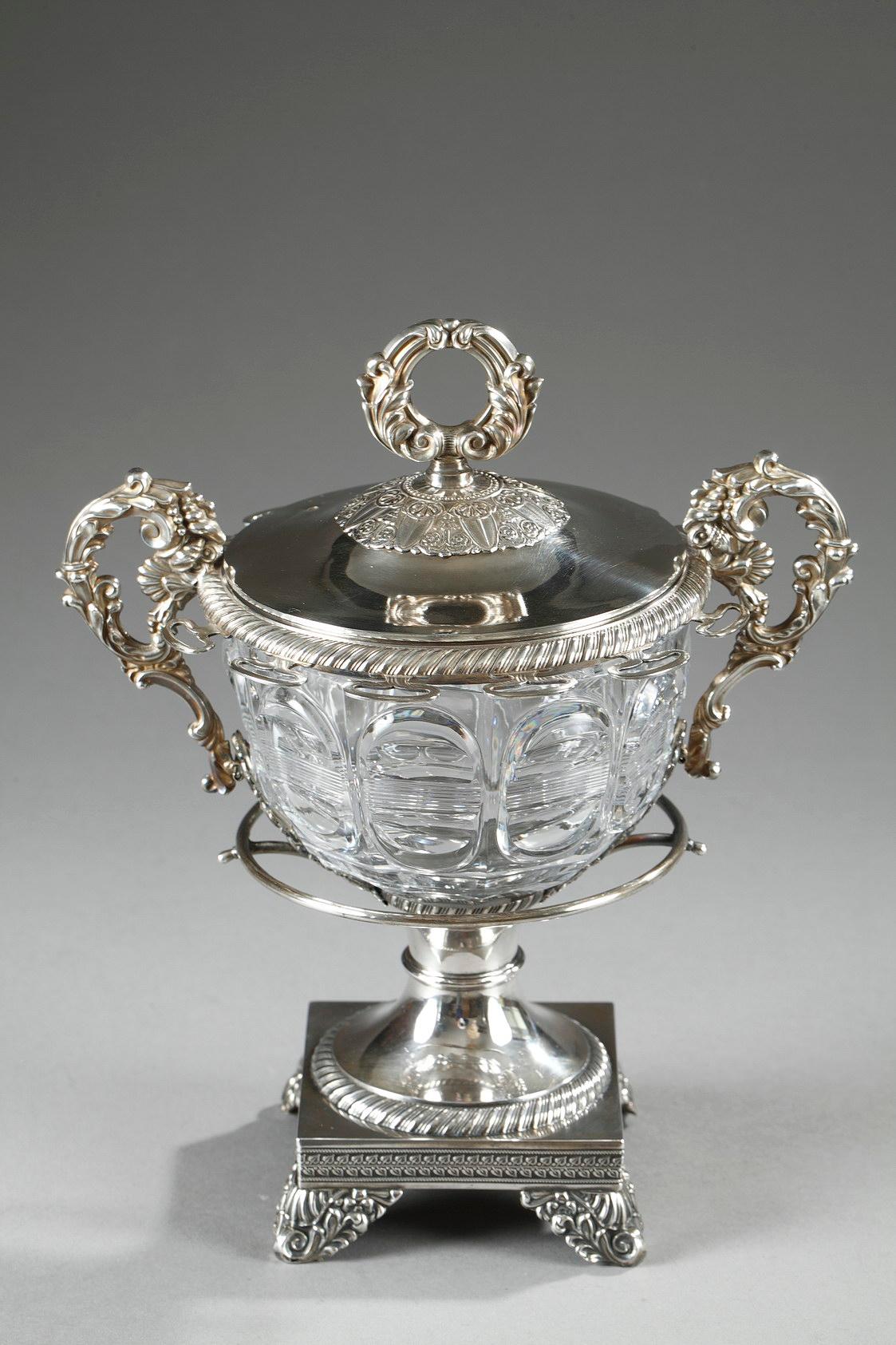French 19th Century Large Silver and Cut-Crystal Confiturier, with 12 Spoons