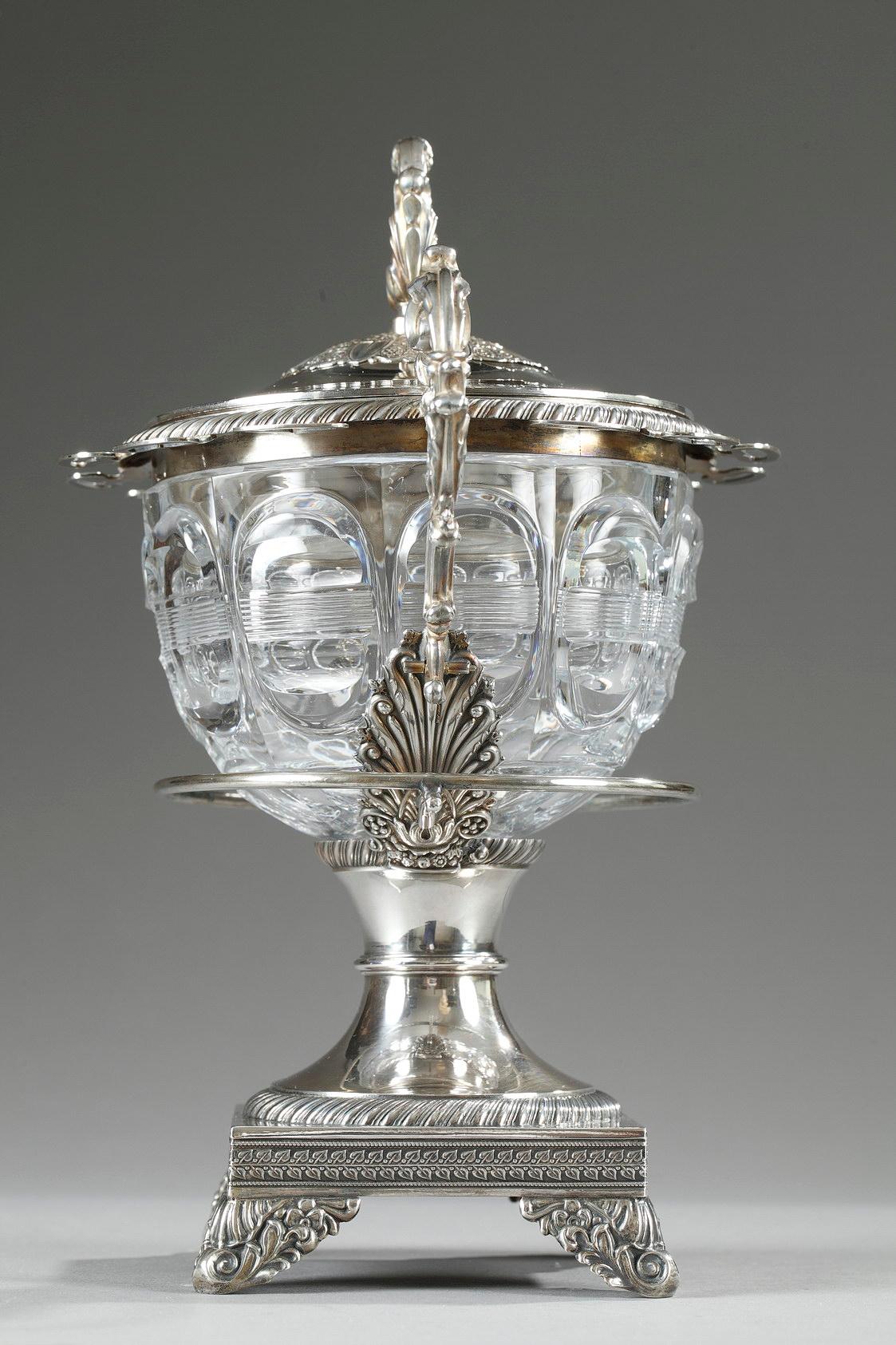 Vermeil 19th Century Large Silver and Cut-Crystal Confiturier, with 12 Spoons
