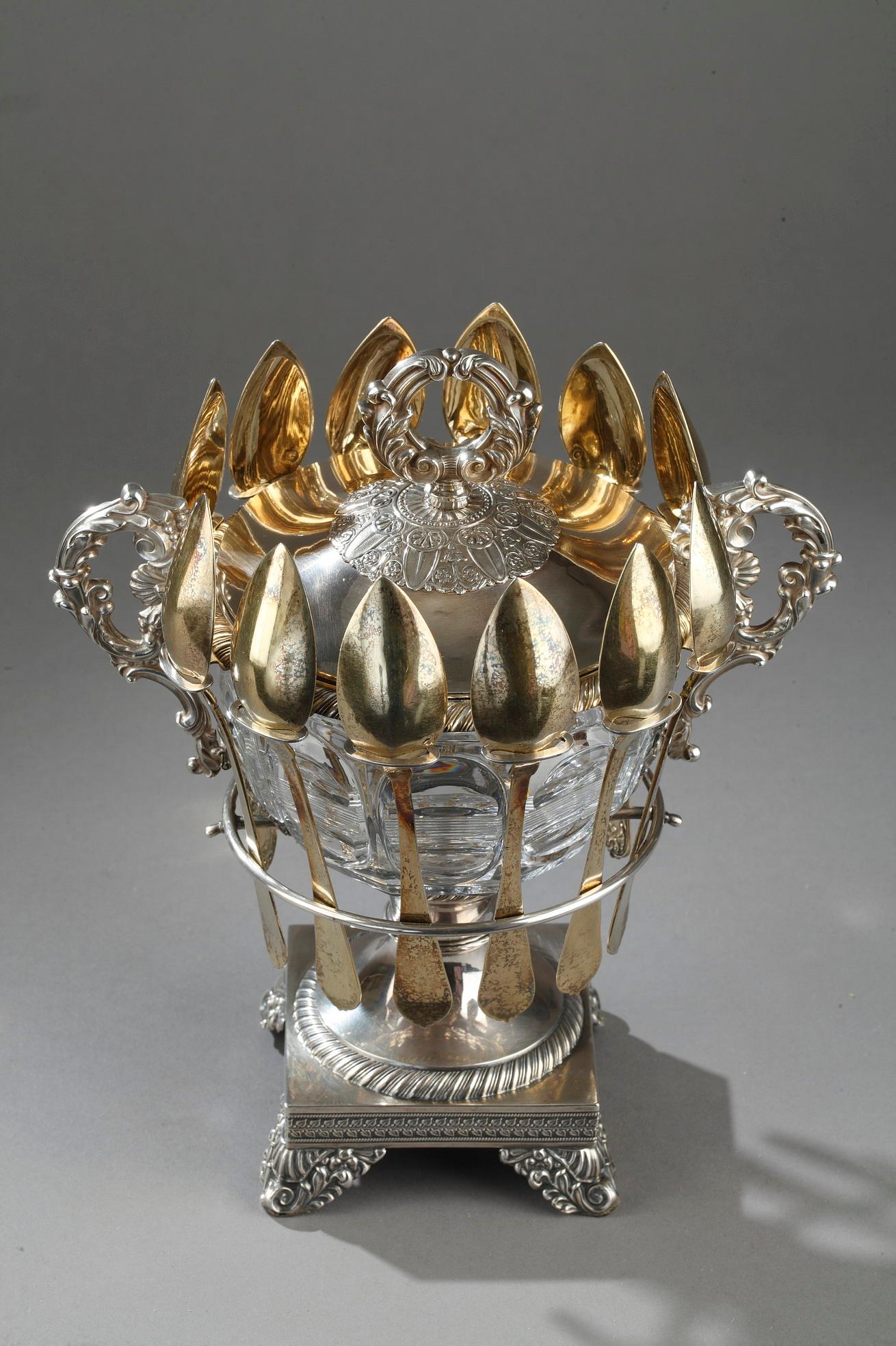 19th Century Large Silver and Cut-Crystal Confiturier, with 12 Spoons 1
