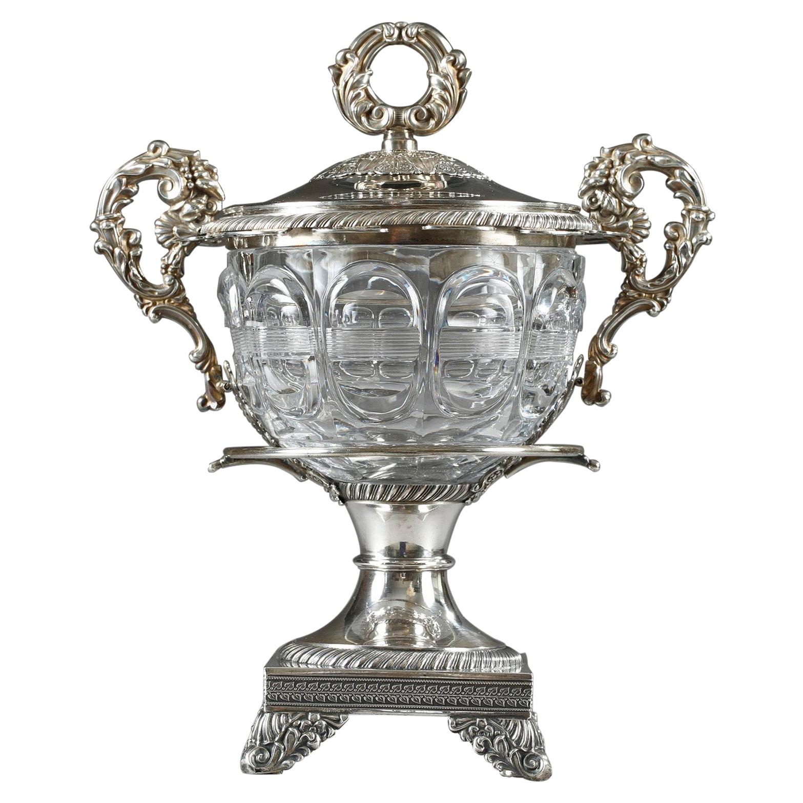 19th Century Large Silver and Cut-Crystal Confiturier, with 12 Spoons