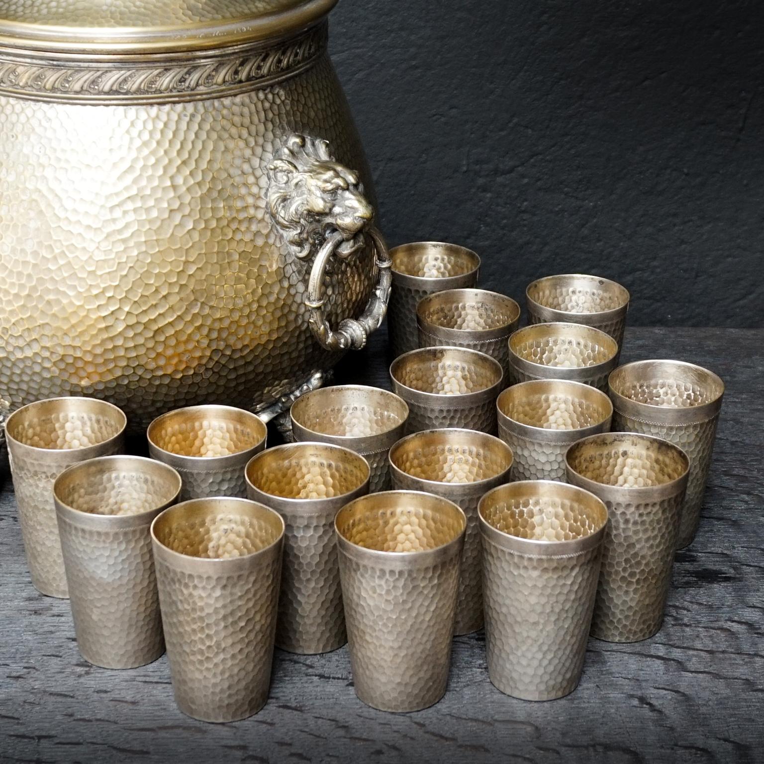 German 19th Century Large Silver Plated WMF Bowl with 18 Gilt Cups For Sale