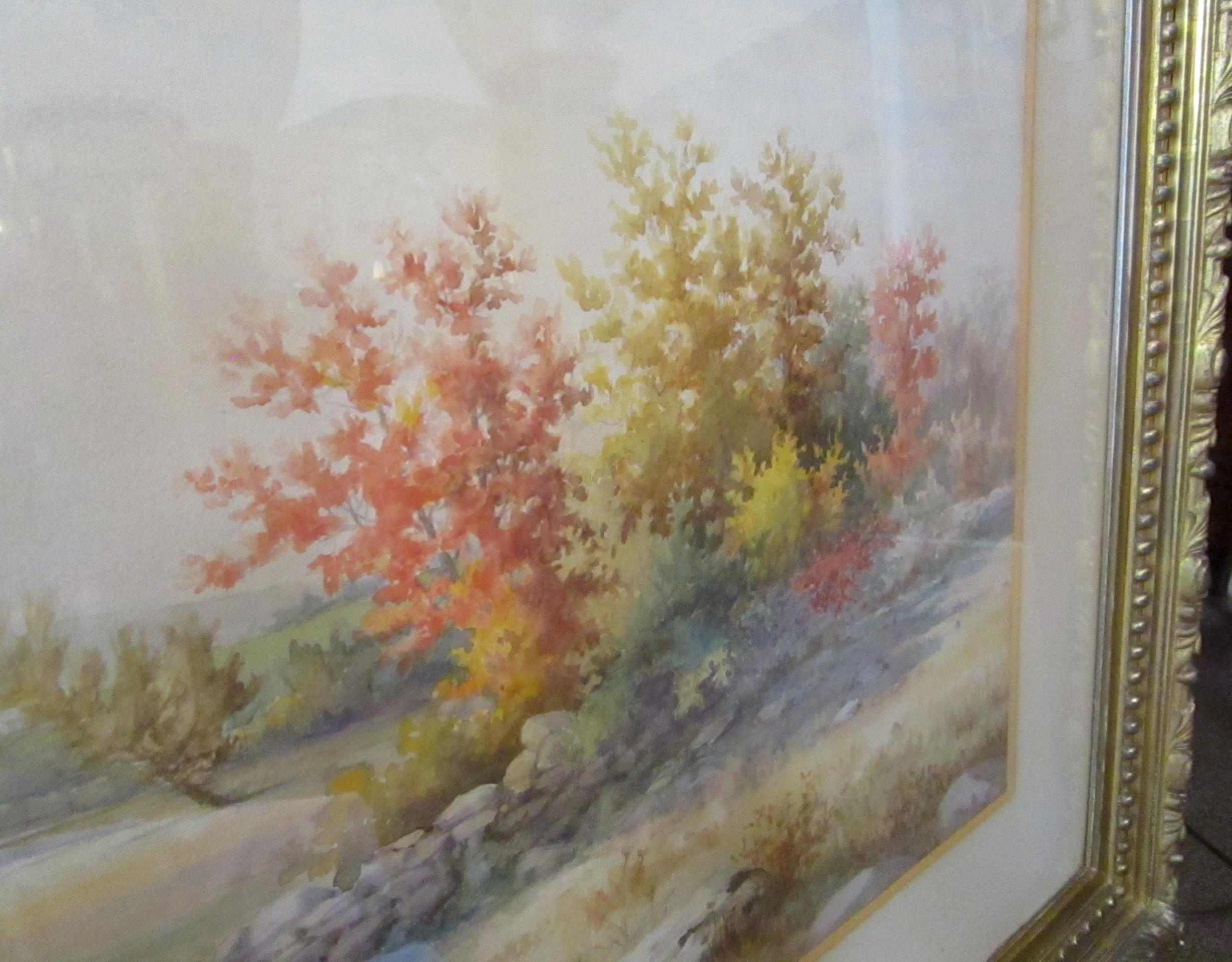 Large sized exquisitely executed autumn landscape watercolor by American painter Francis Wheaton 1849-1942. (Signed Francis Wheaton 1890 New York.) It is handsomely matted and framed in the original period carved giltwood frame. The watercolor