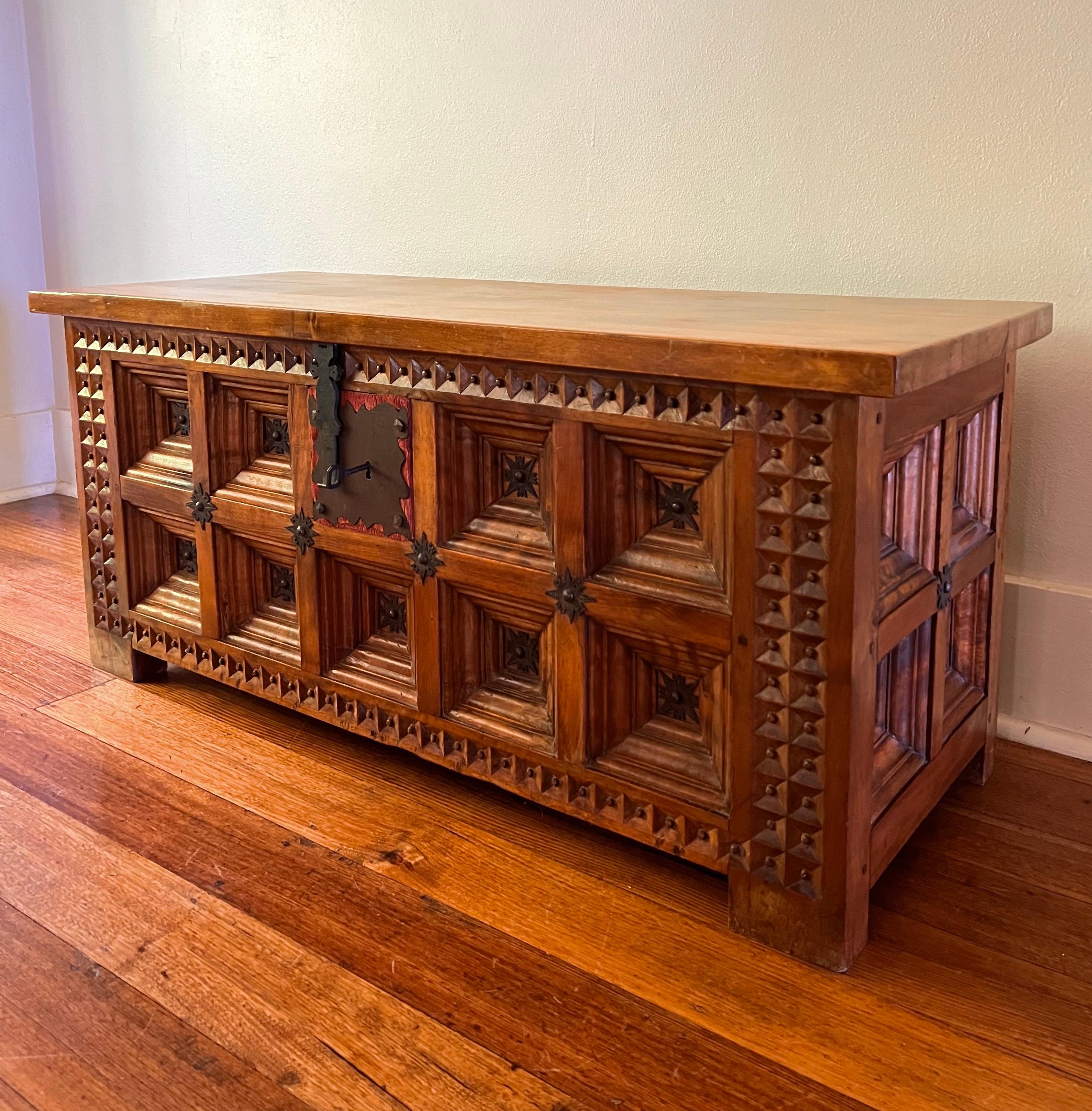 Hand-Carved 19th Century Large Spanish Gothic Brutalist Carved Walnut Chest For Sale