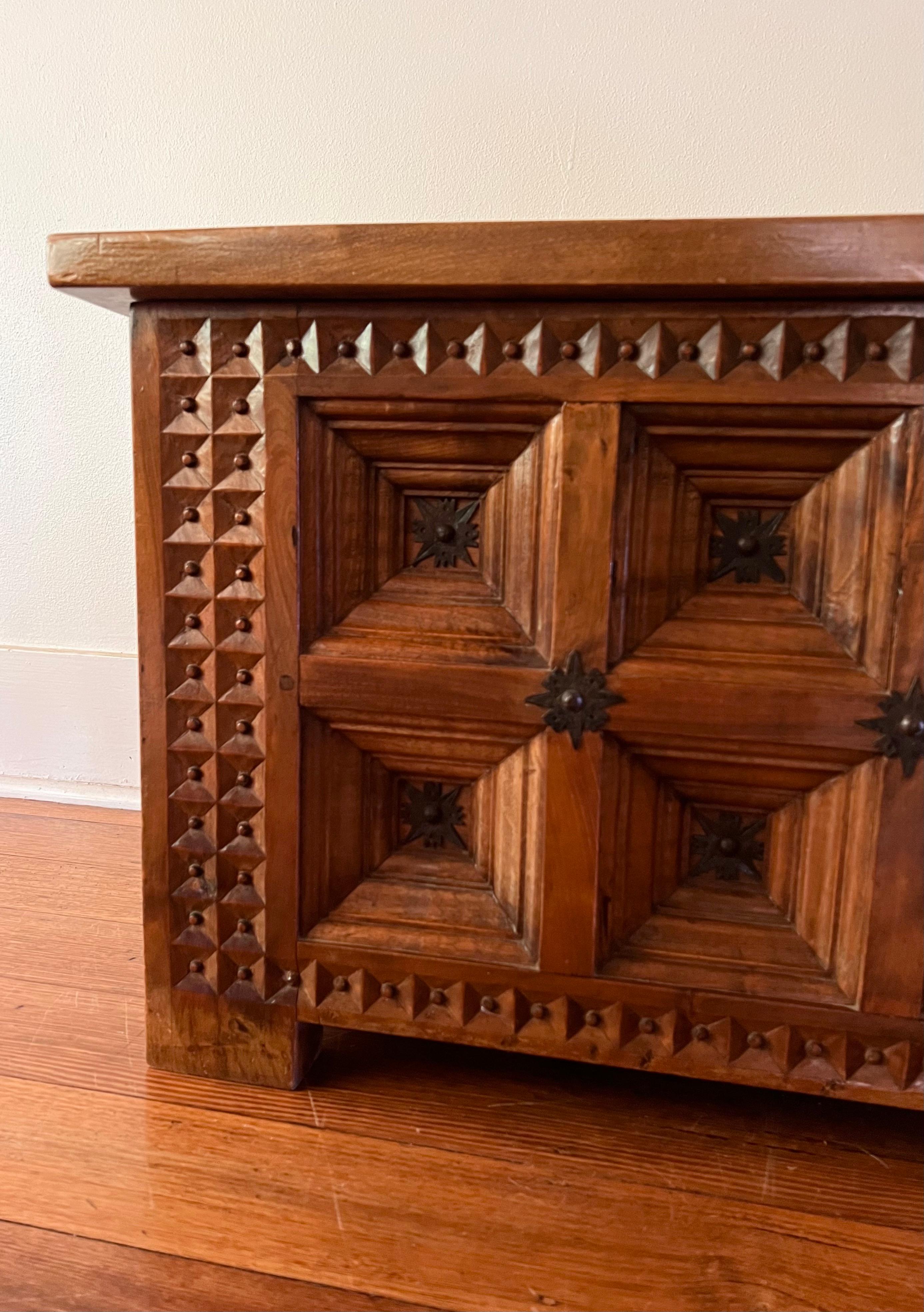 19th Century Large Spanish Gothic Brutalist Carved Walnut Chest For Sale 1