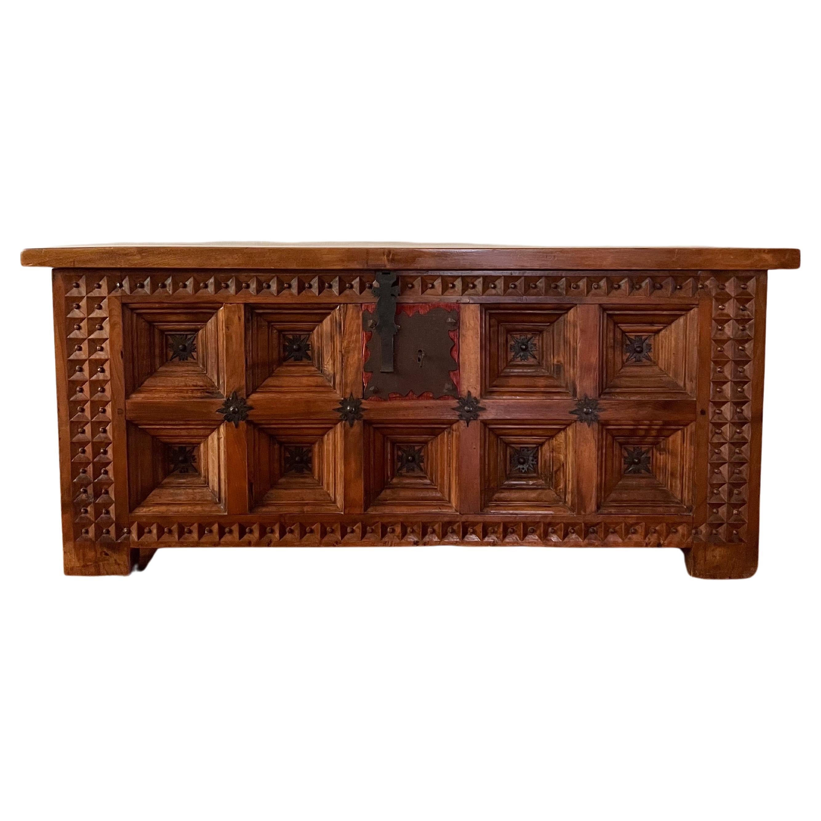 19th Century Large Spanish Gothic Brutalist Carved Walnut Chest For Sale
