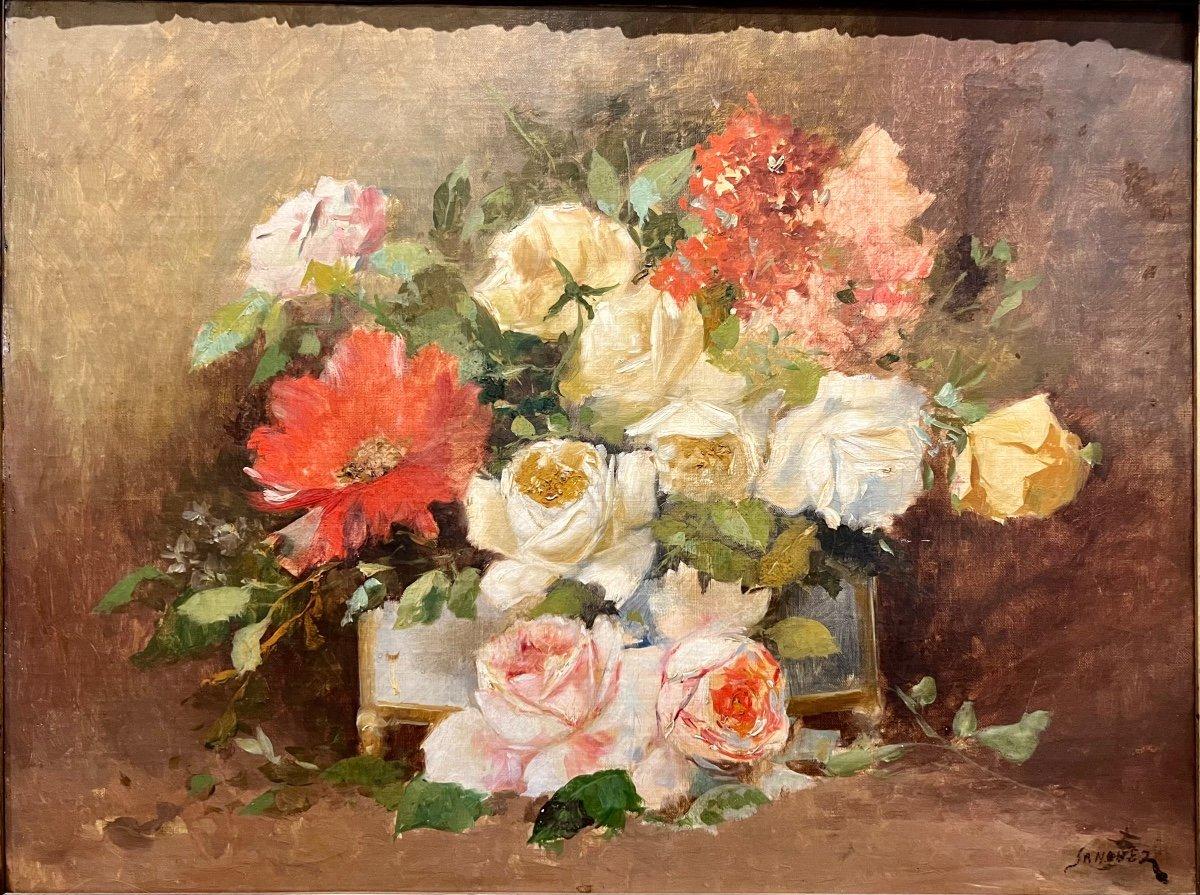 We present you with this beautiful floral composition from the end of the 19th century, now enclosed in a chic contemporary frame.

The measurements of this piece, including the frame are : 91 x 75 cm.