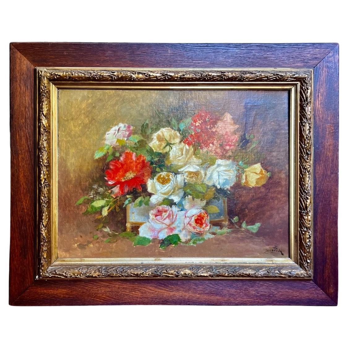 Pittura a olio su tela con natura morta di grandi dimensioni del XIX secolo: "Bouquet di rose".