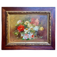 Pittura a olio su tela con natura morta di grandi dimensioni del XIX secolo: "Bouquet di rose".