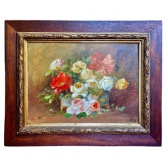 Antique 19th Century Large Still Life Oil-on-Canvas Painting "Rose Bouquet"