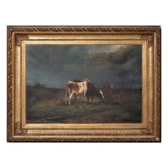 19th Century Large Swedish Oil on Canvas Painting of Three Cows