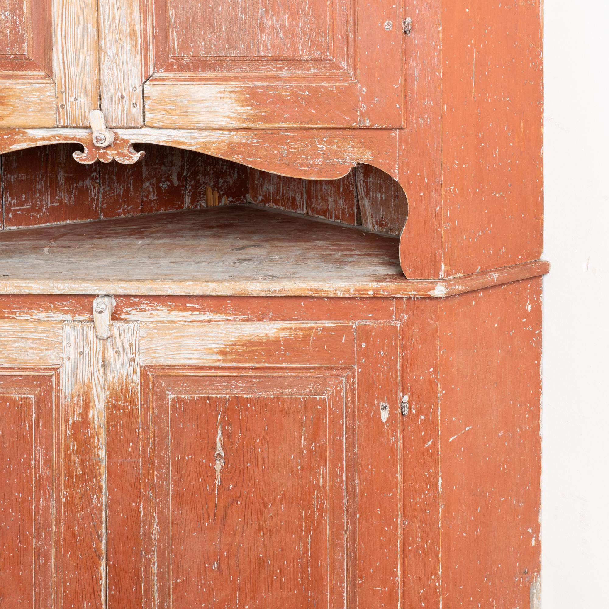 19th Century Large Swedish Original Red Painted Pine Corner Cabinet Cupboard For Sale 5
