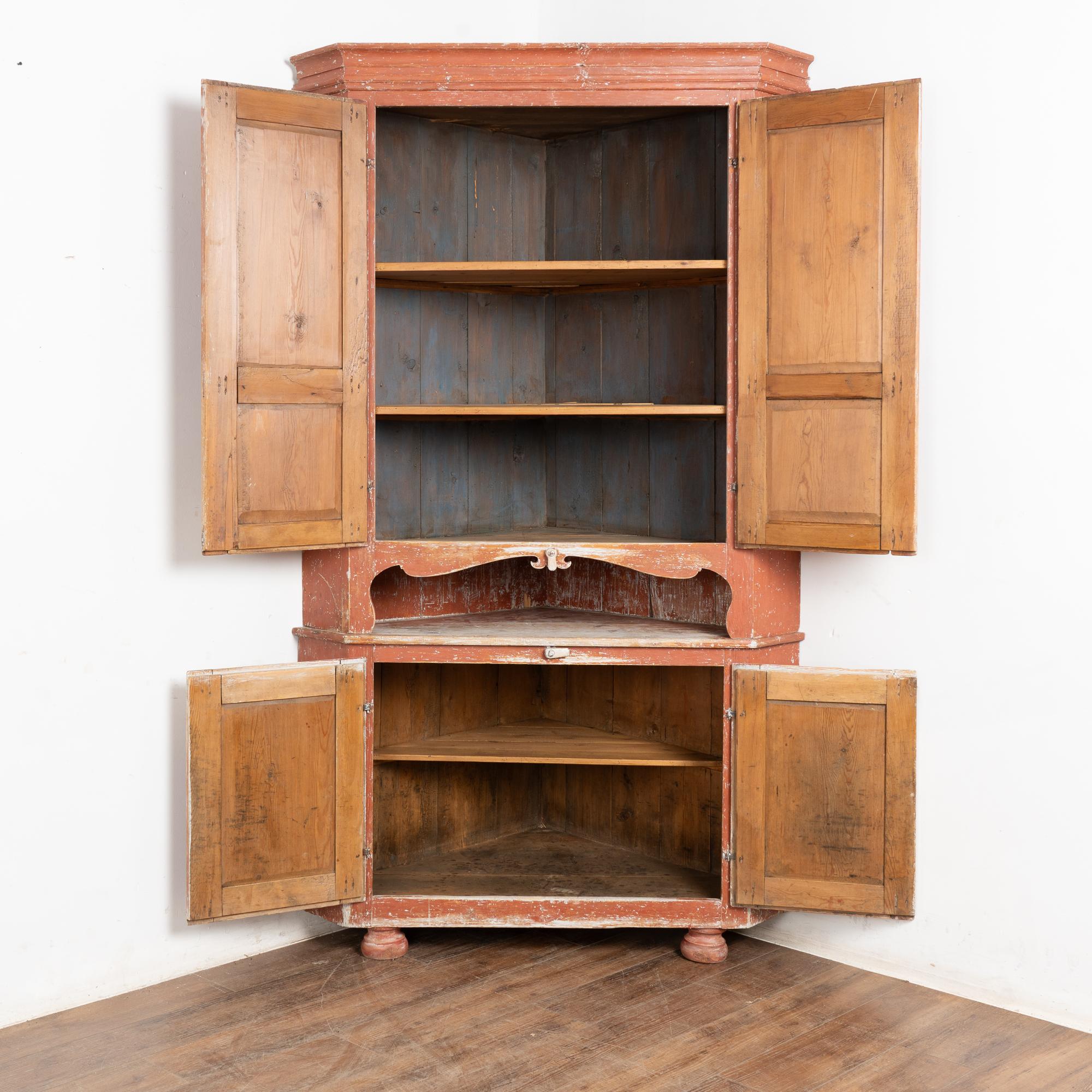 Country 19th Century Large Swedish Original Red Painted Pine Corner Cabinet Cupboard For Sale