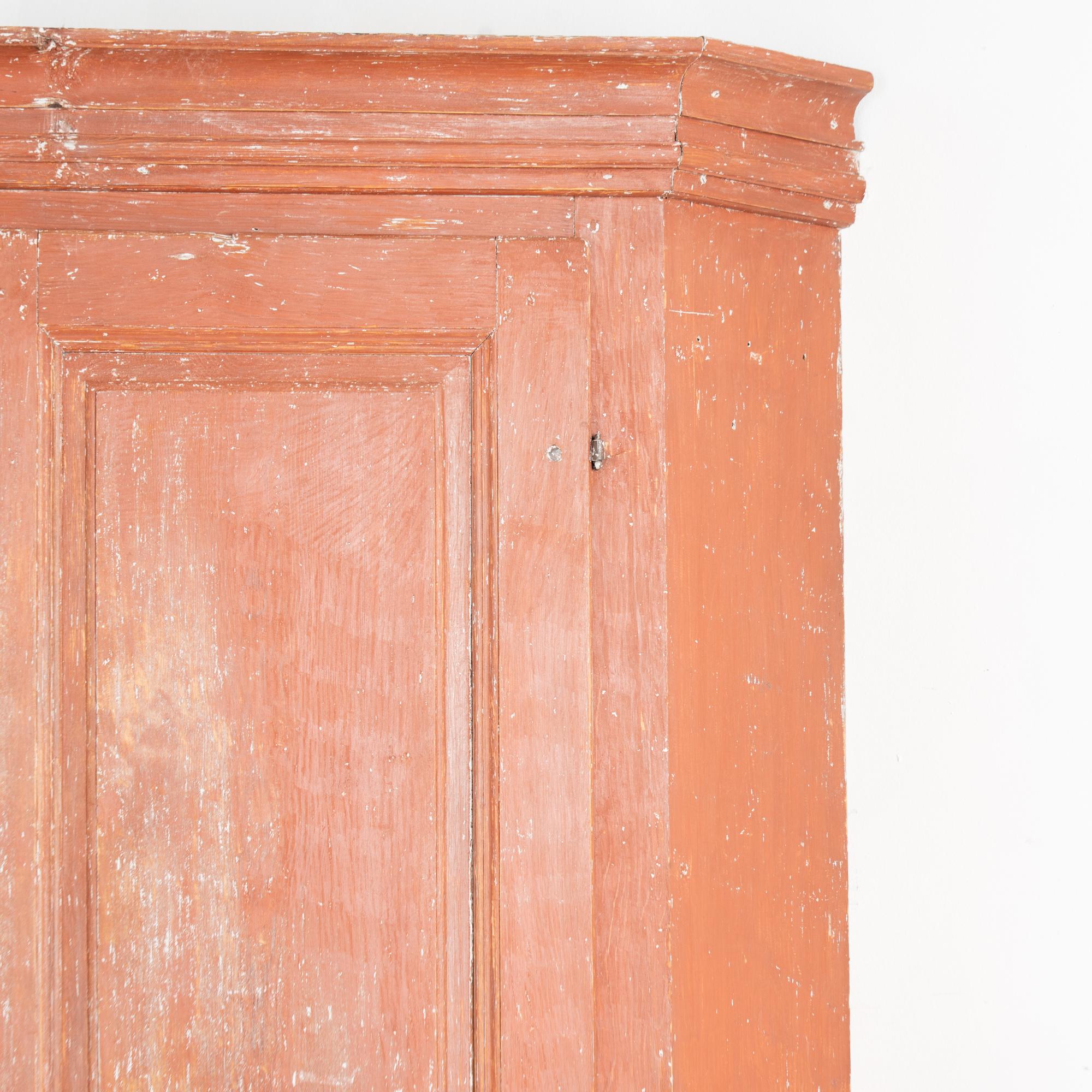 Wood 19th Century Large Swedish Original Red Painted Pine Corner Cabinet Cupboard For Sale