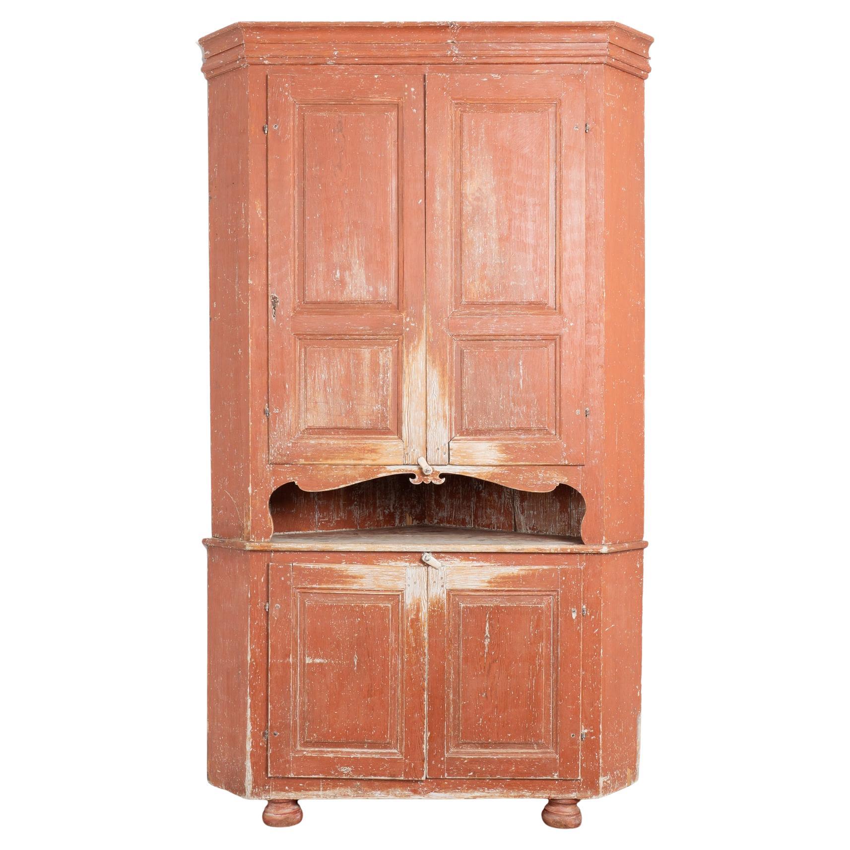 19th Century Large Swedish Original Red Painted Pine Corner Cabinet Cupboard