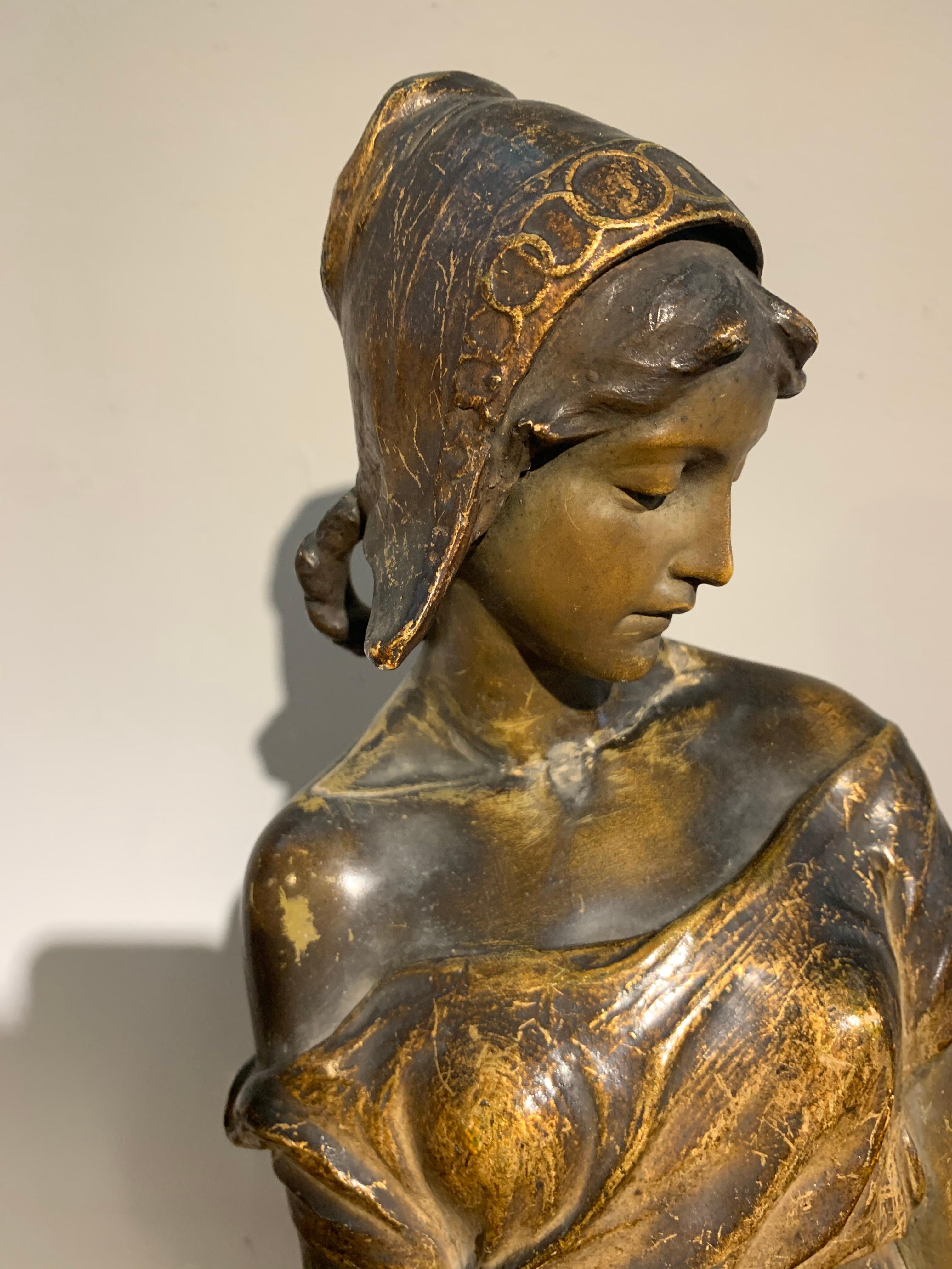 Late 19th century stunning Austrian terracotta sculpture of a female water carrier by Frederic Goldscheider, with the Frederic Goldscheider stamp and foundry numbers. 
Couple of bits of restoration 

Measures: Height 76 cm (30.0