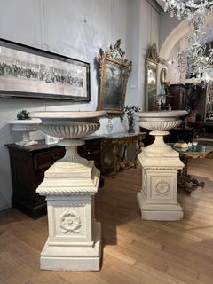 19th CENTURY LARGE TERRACOTTA VASES ON RECTANGULAR PILLARS