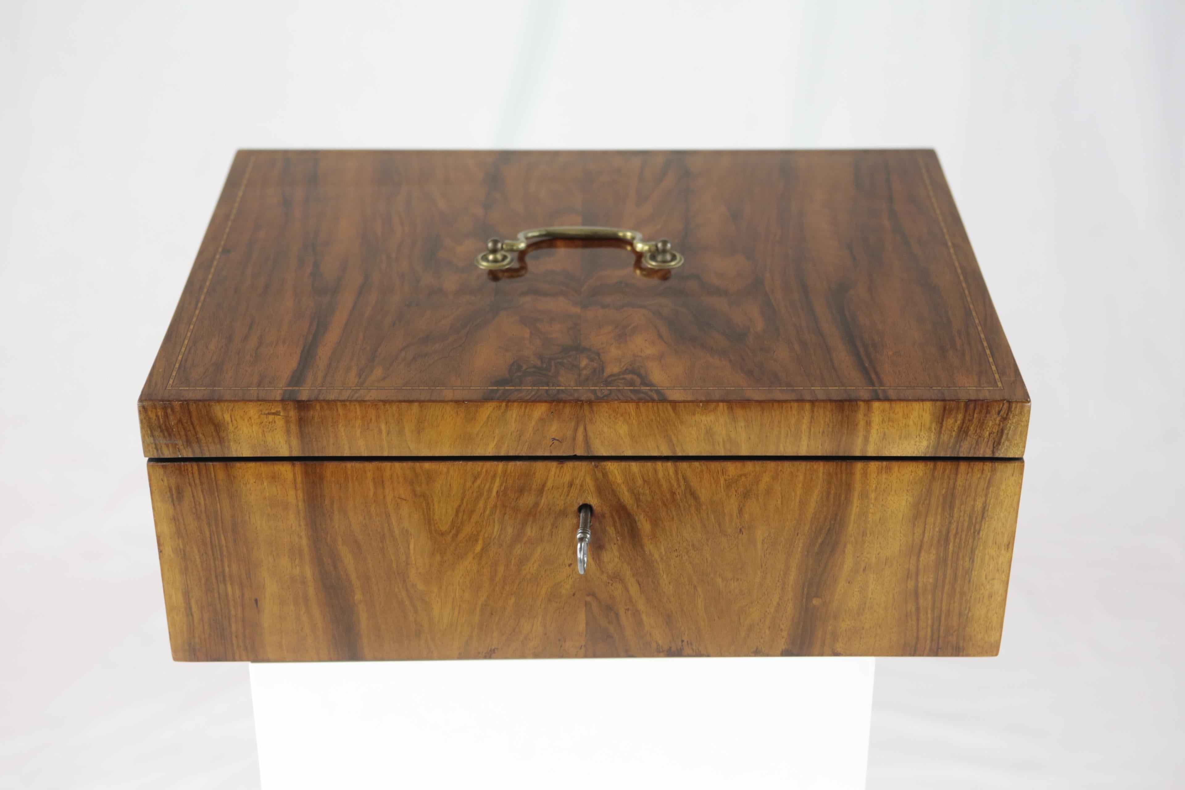 European 19th Century Late Biedermeier Casket, Nutwood Veneer, Lockable, Brass Handle For Sale