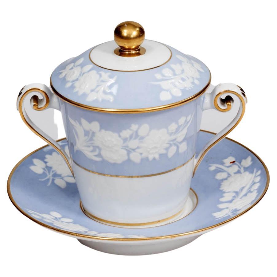 Tasse à chocolat chaud Spode bleu de la fin de la Géorgie du 19e siècle avec couvercle et soucoupe