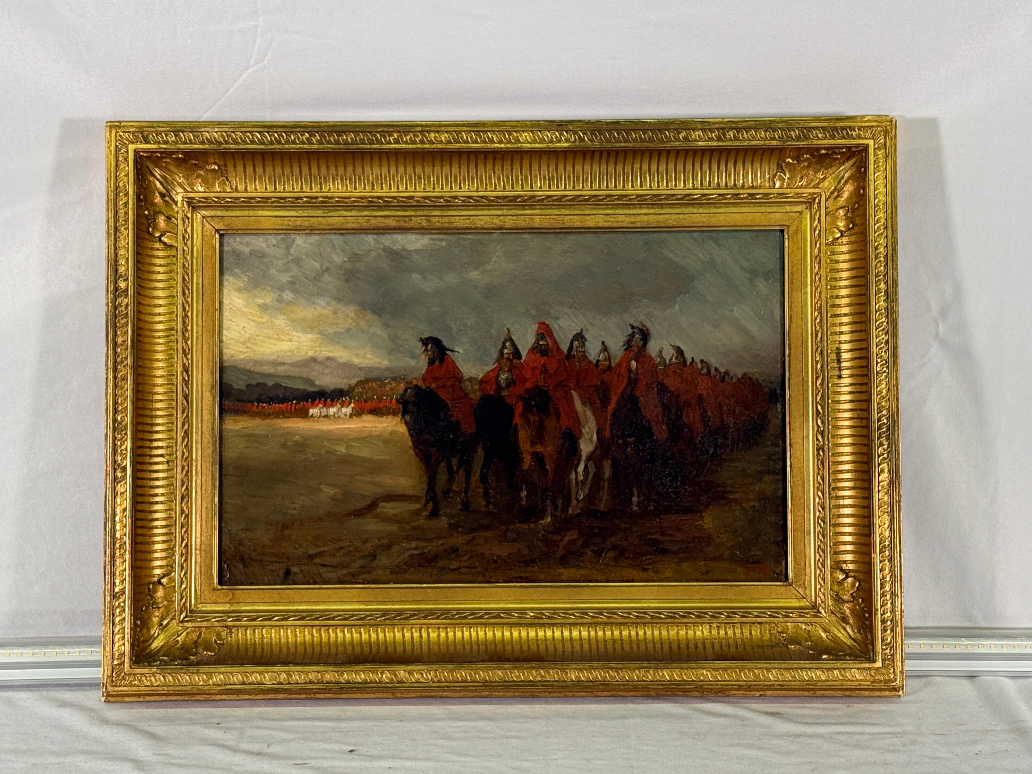 19th Century (Late) Oil Painting Prussian Military Parade Monogrammed from the French School. Beautiful painting purchased in France. Age appropriate wear, see detailed photos or message us with questions. 

Inside Frame Dimensions: Height 12
