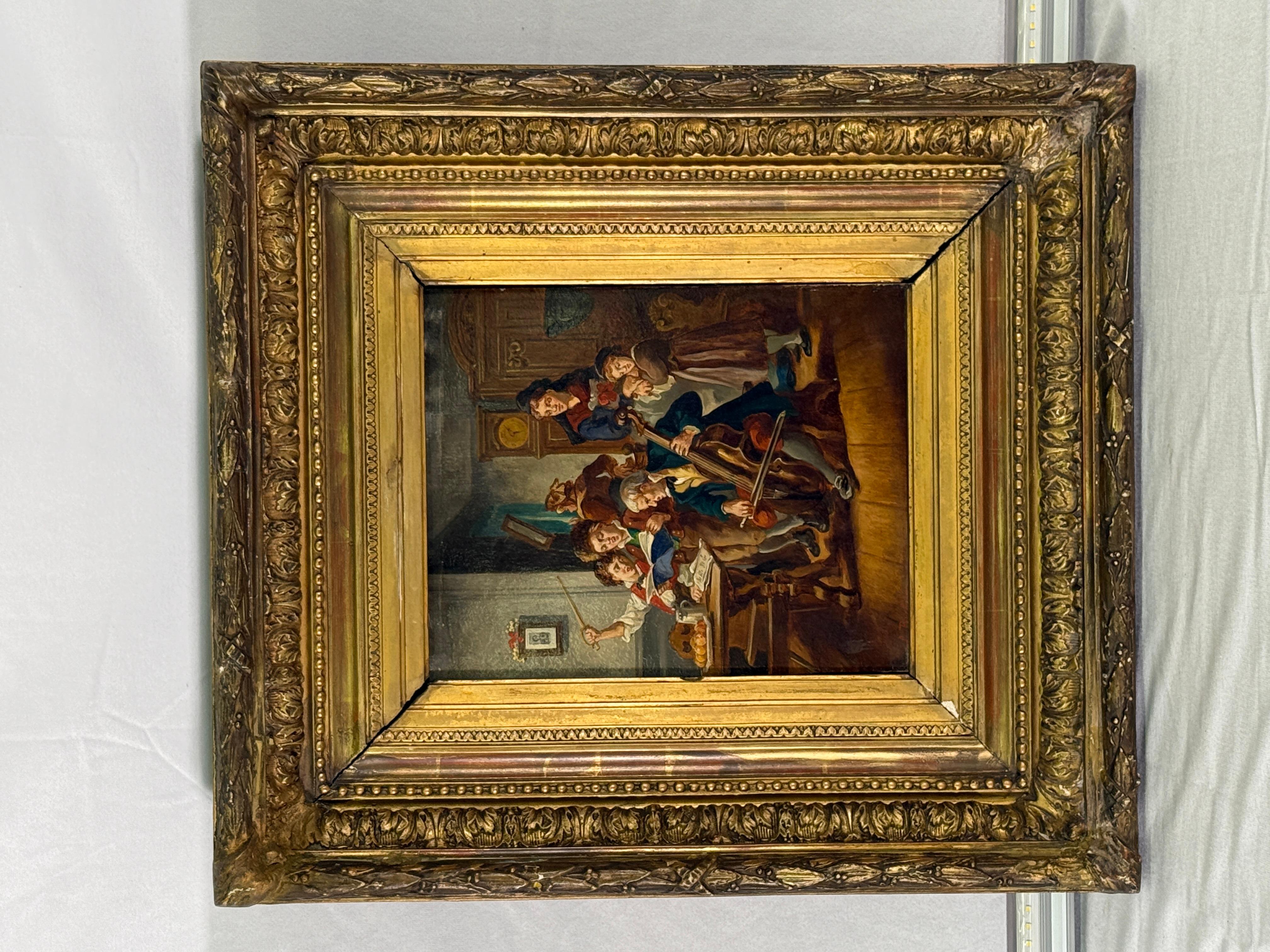 French 19th Century (late) Painting Family Gathering with Cellist For Sale