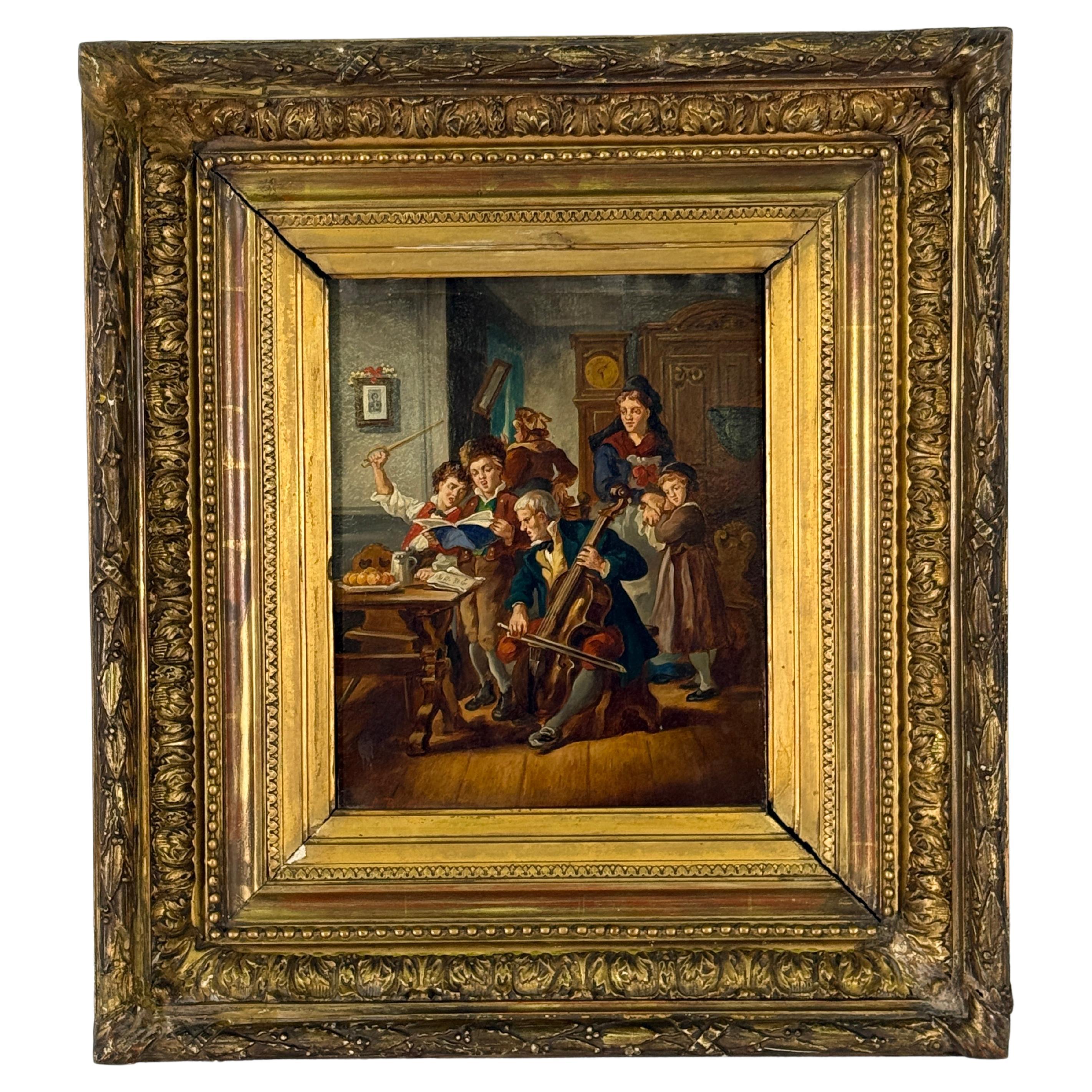 19th Century (late) Painting Family Gathering with Cellist