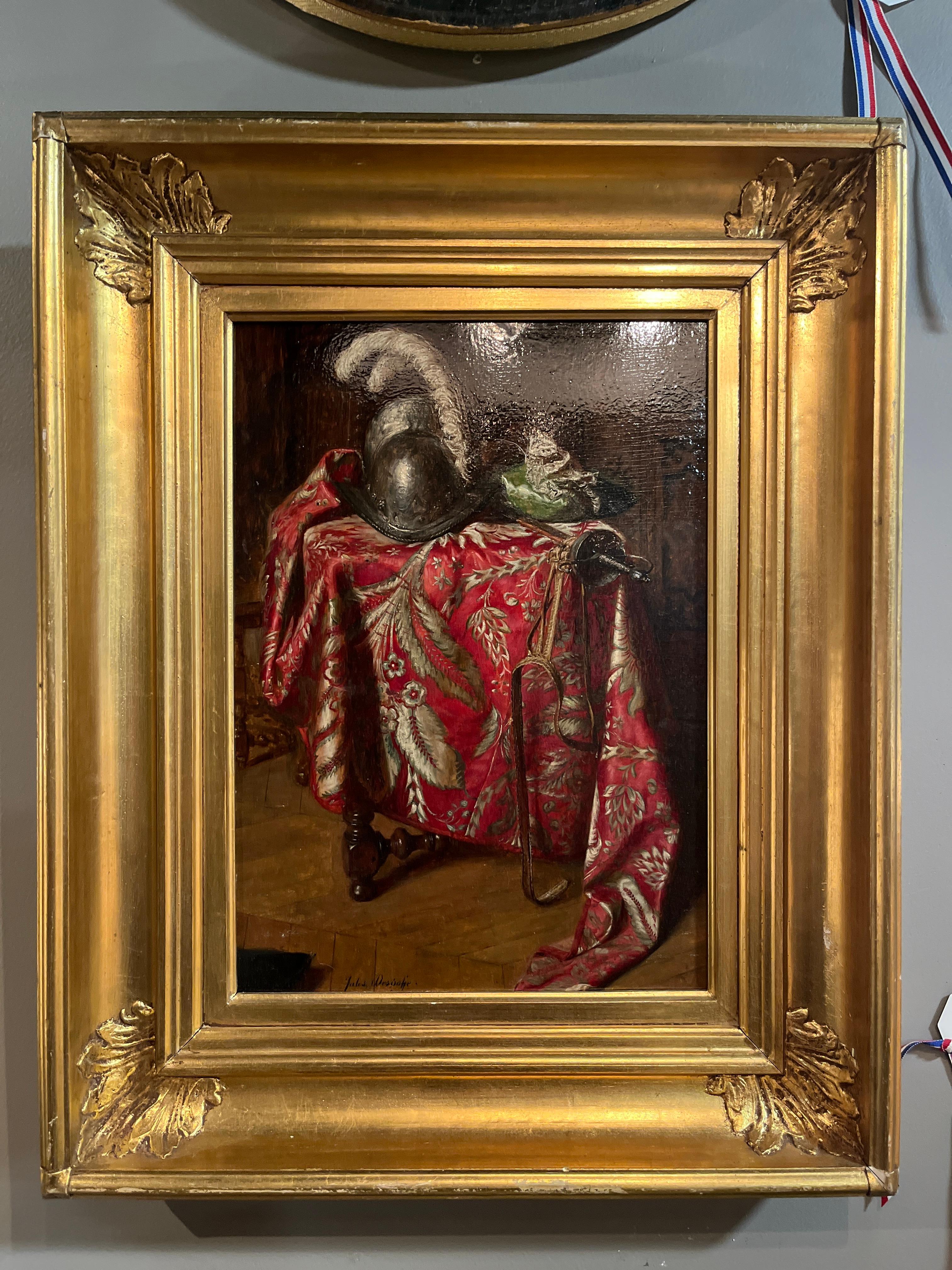 19th Century (late) Painting Officer's Helmet By Jules Desgoffe 1864-1905. Beautiful painting purchased in France. Age appropriate wear, see detailed photos or message us with questions. 