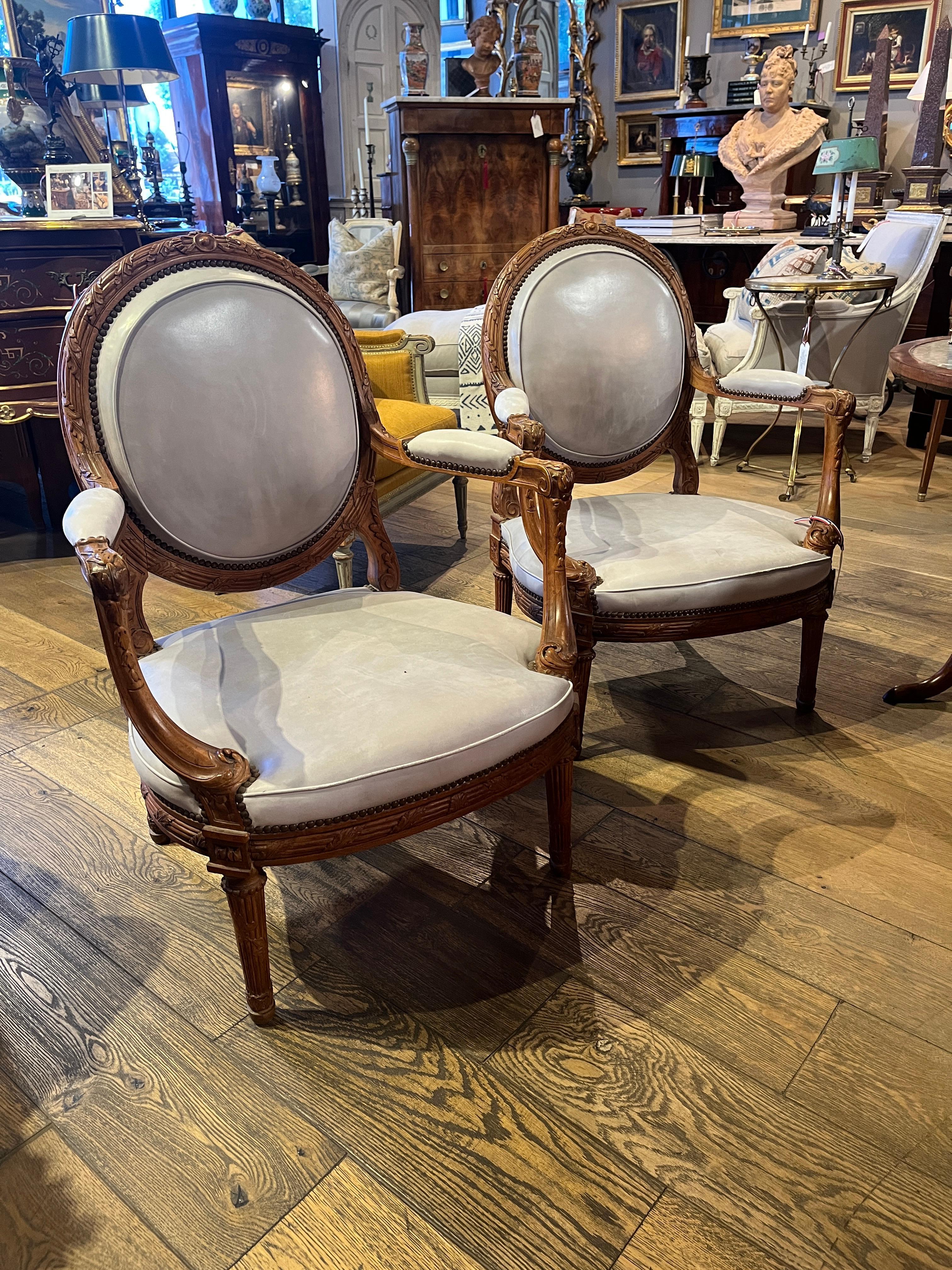 19th Century (late) Pair Louis XVI Style Walnut Fauteuils
Beautiful set purchased in France. Age appropriate wear, see detailed photos or message us with questions. 