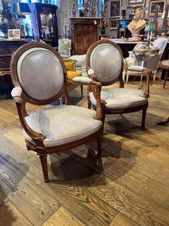 19th Century (late) Pair Louis XVI Style Walnut Fauteuils