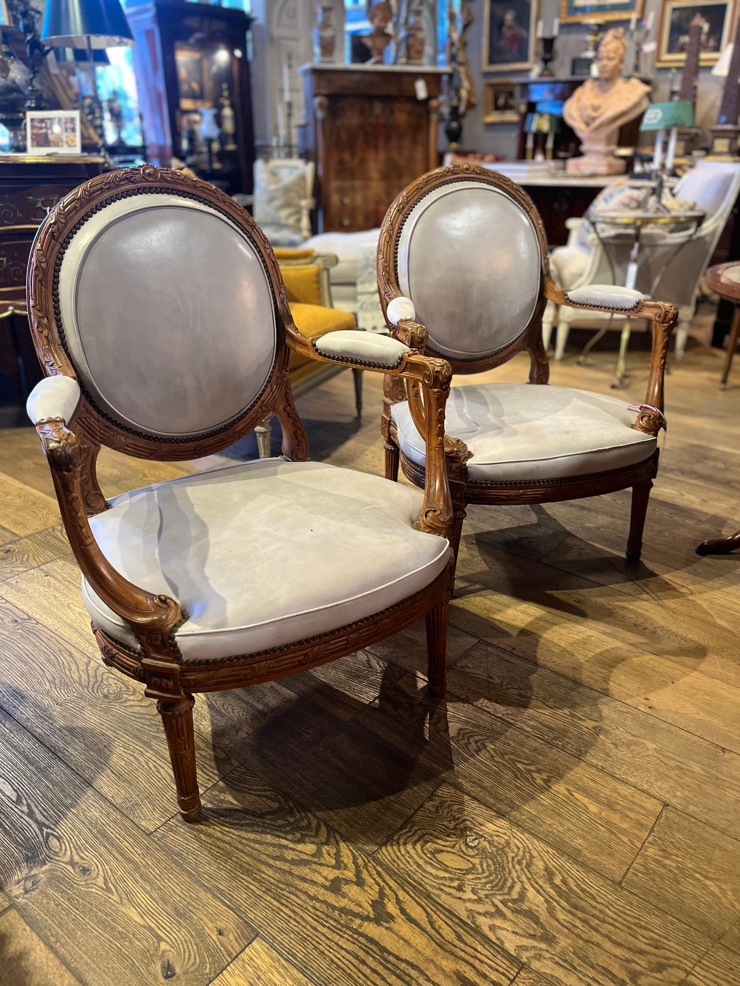 French 19th Century (late) Pair Louis XVI Style Walnut Fauteuils For Sale