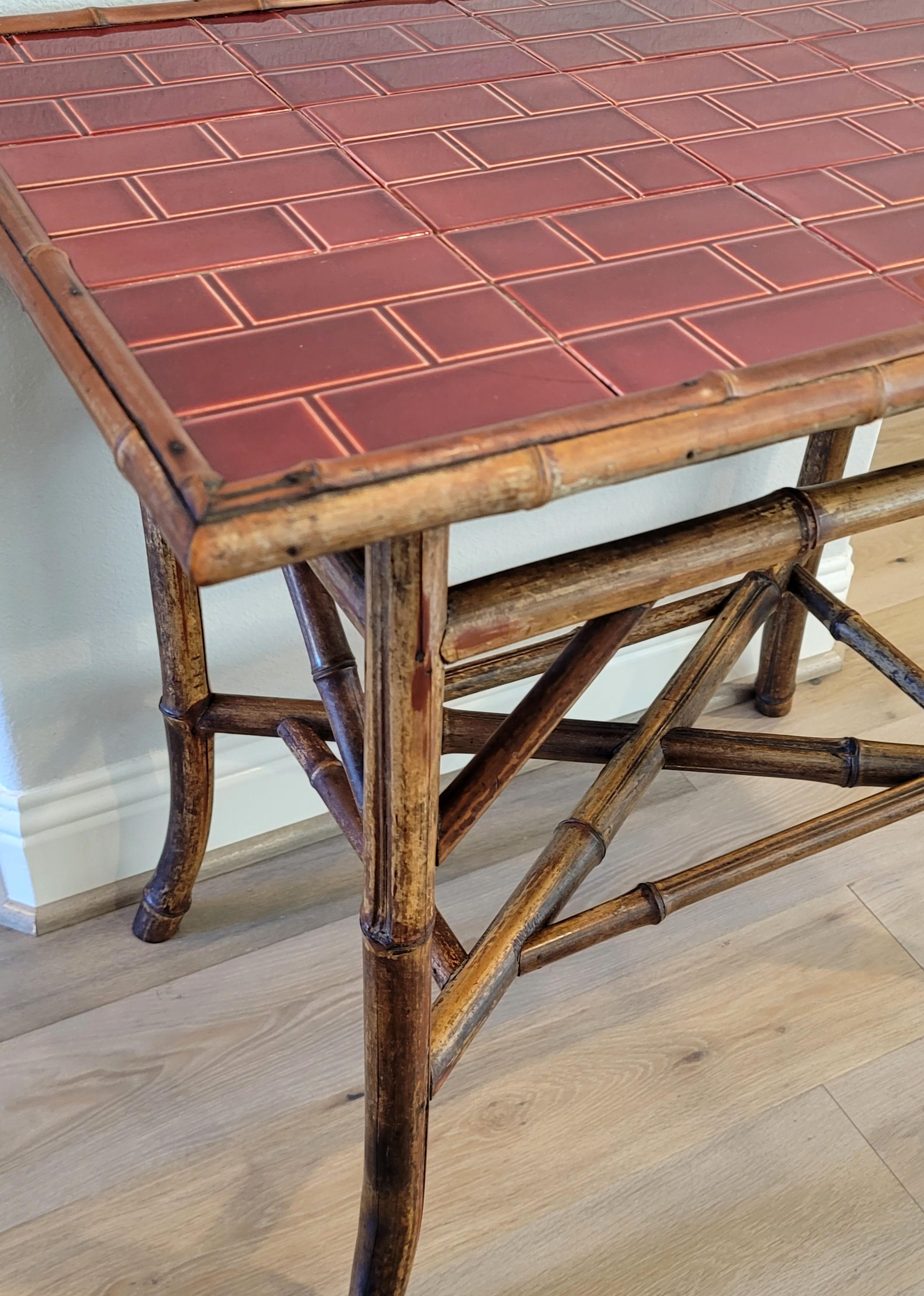 19th Century Late Victorian Red Tiled Bamboo Side Table For Sale 3