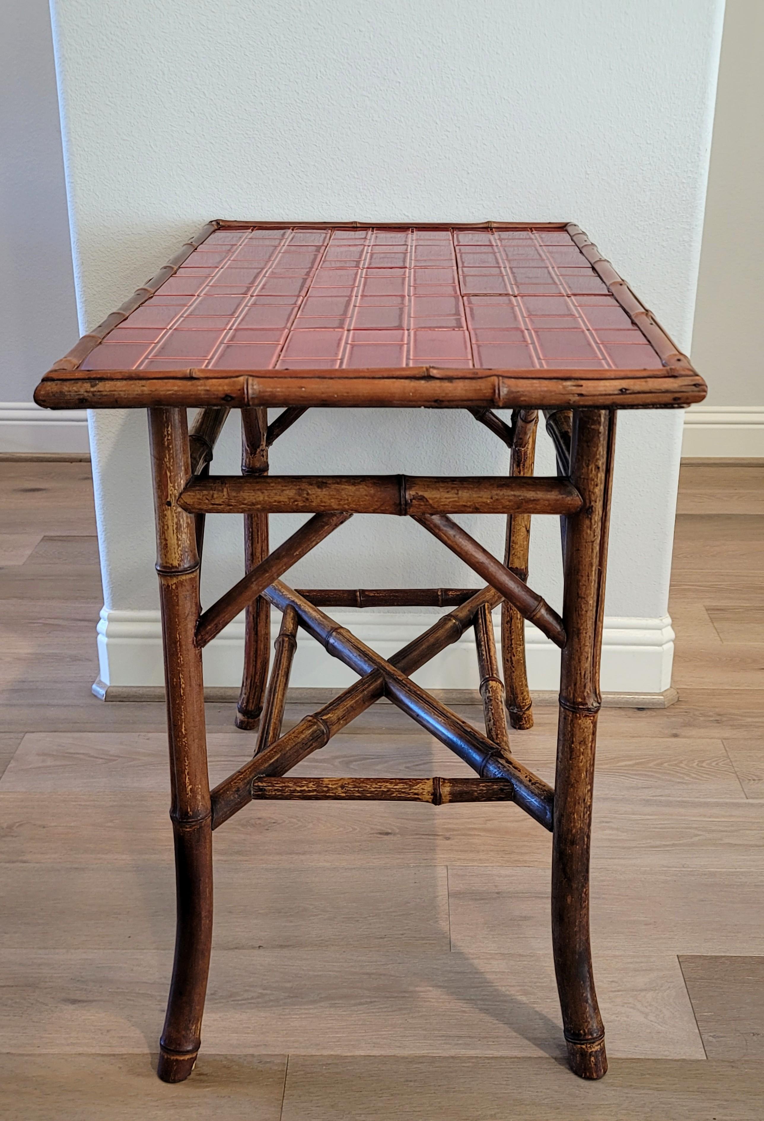 19th Century Late Victorian Red Tiled Bamboo Side Table For Sale 4