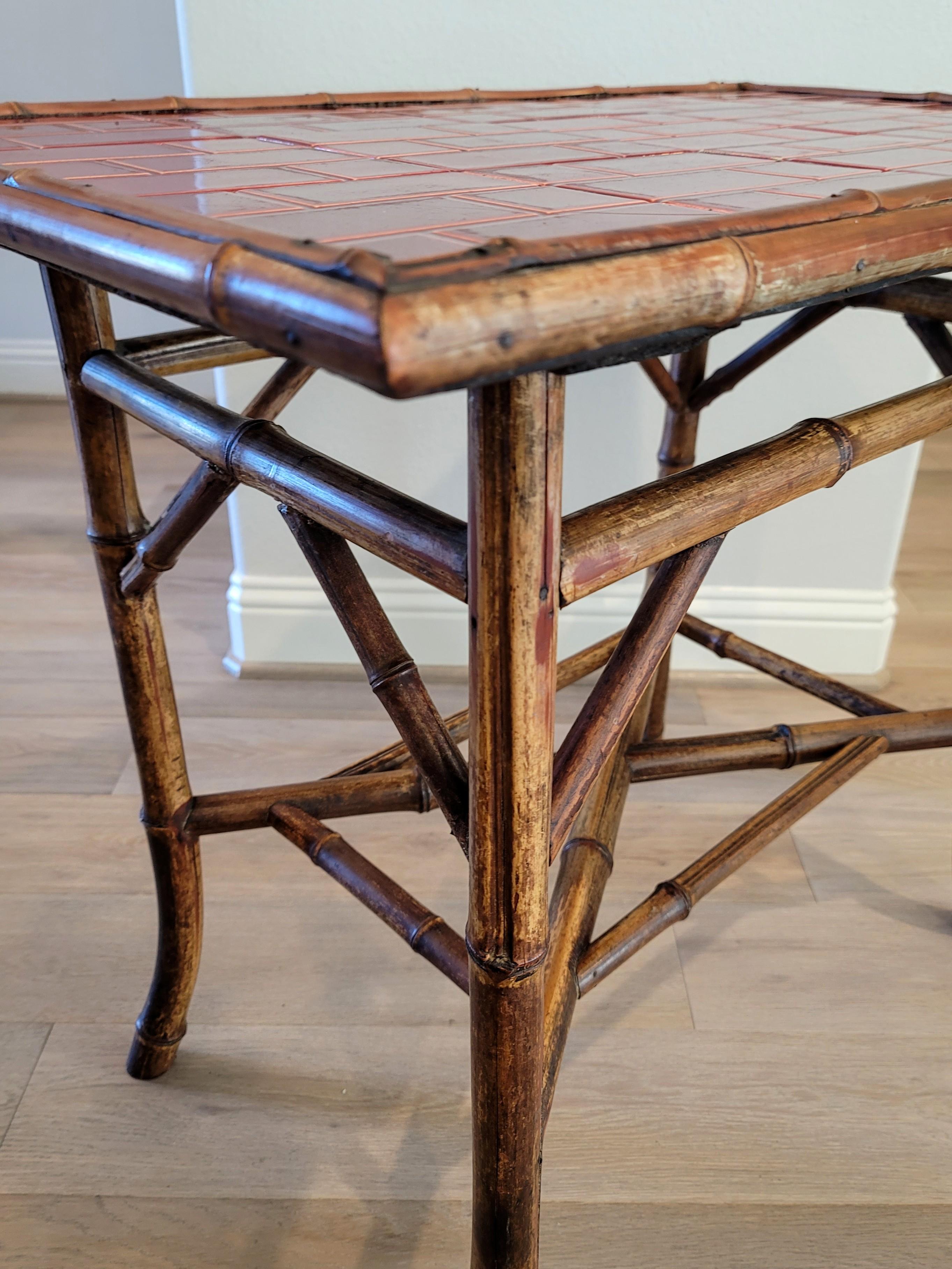 19th Century Late Victorian Red Tiled Bamboo Side Table For Sale 7