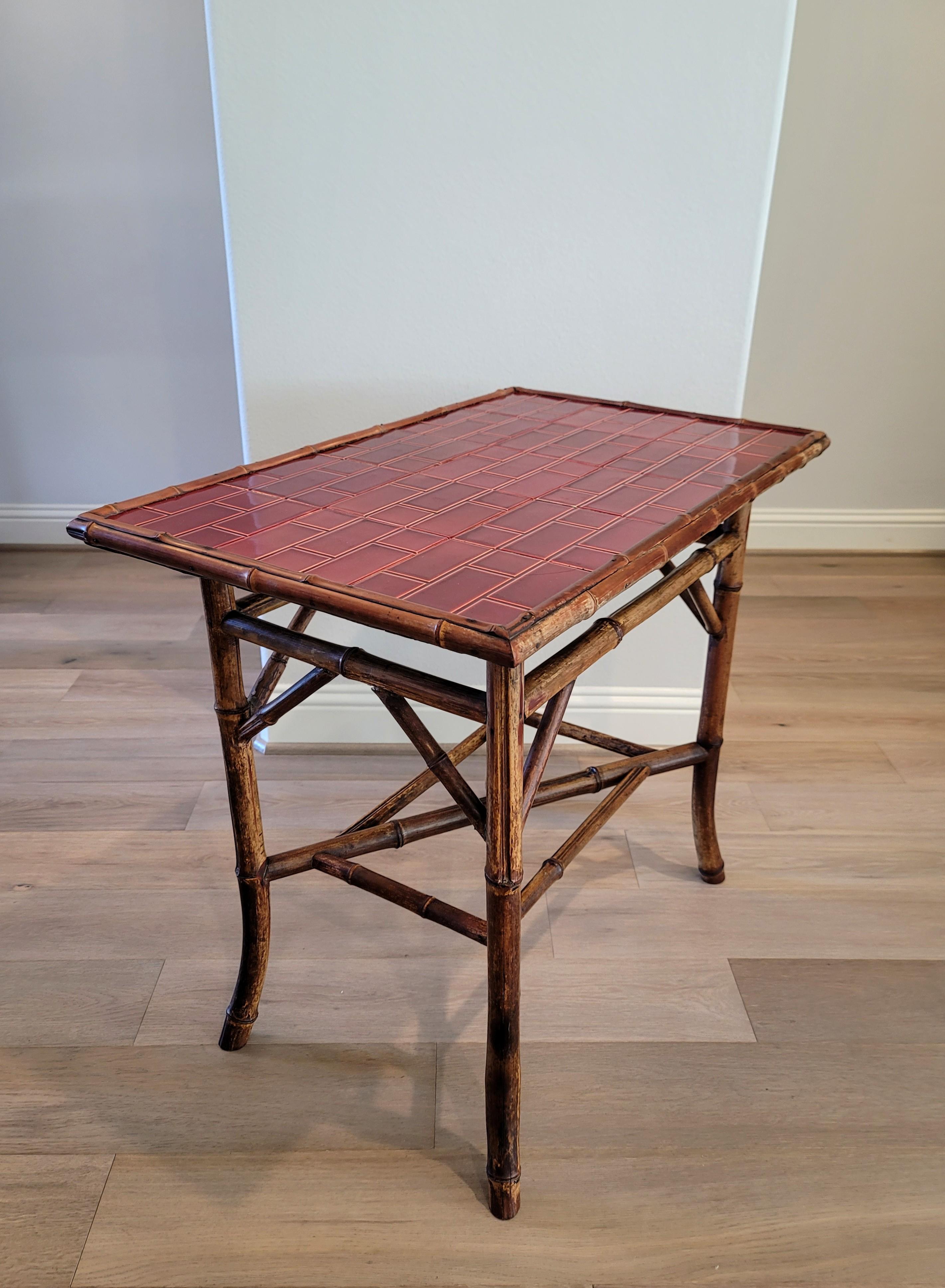 19th Century Late Victorian Red Tiled Bamboo Side Table For Sale 9