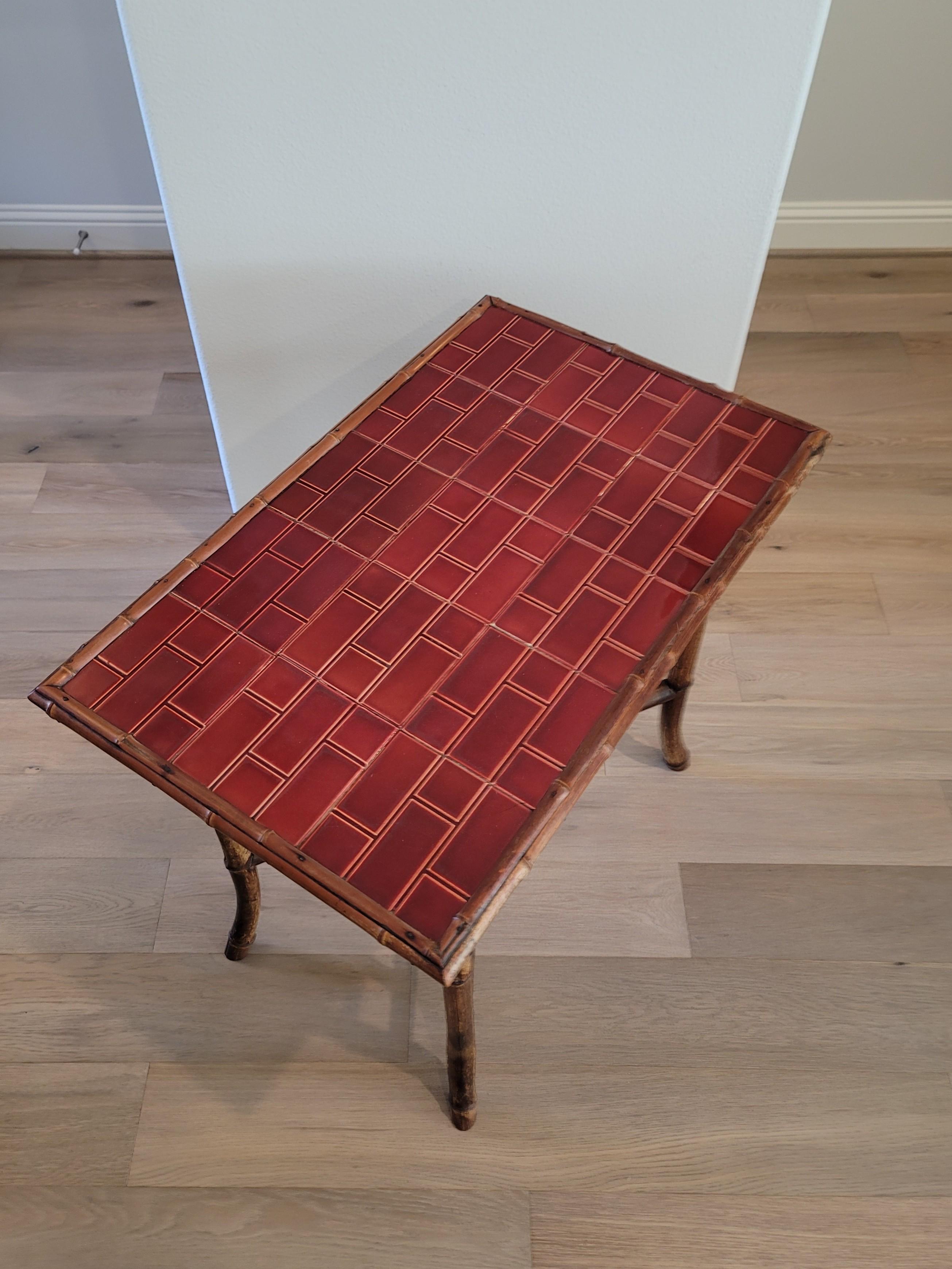 19th Century Late Victorian Red Tiled Bamboo Side Table For Sale 10