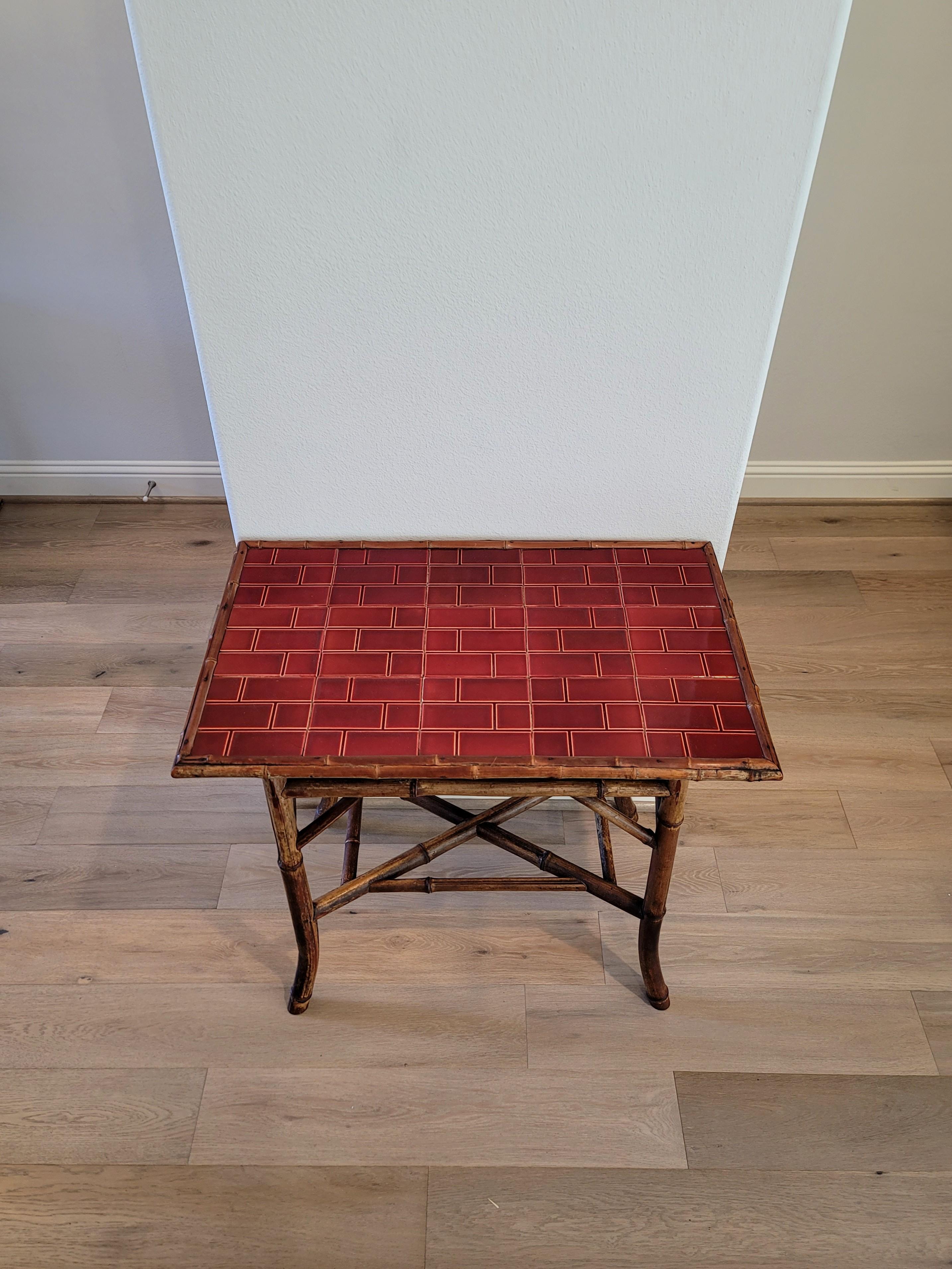 19th Century Late Victorian Red Tiled Bamboo Side Table For Sale 13