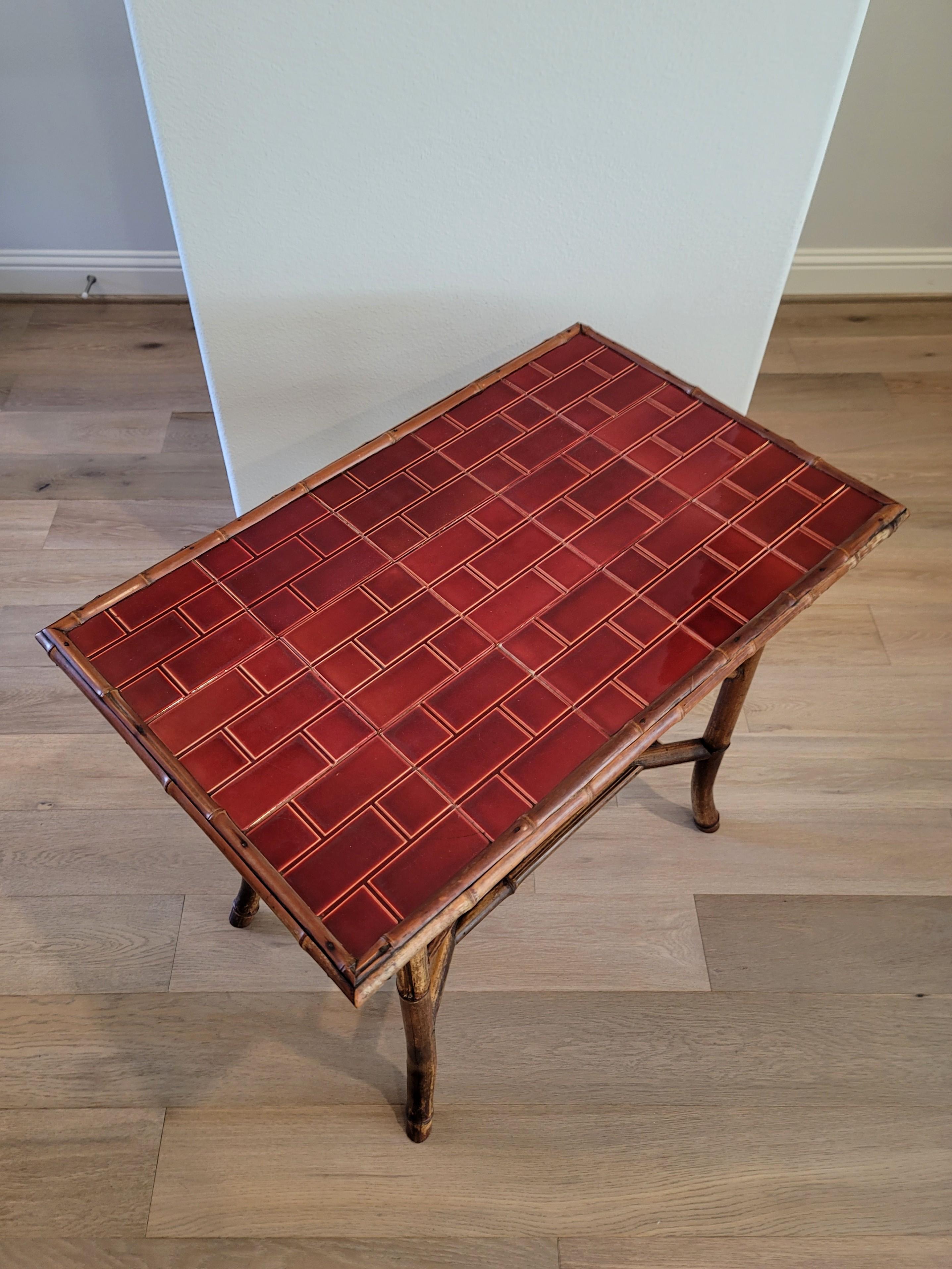 British 19th Century Late Victorian Red Tiled Bamboo Side Table For Sale