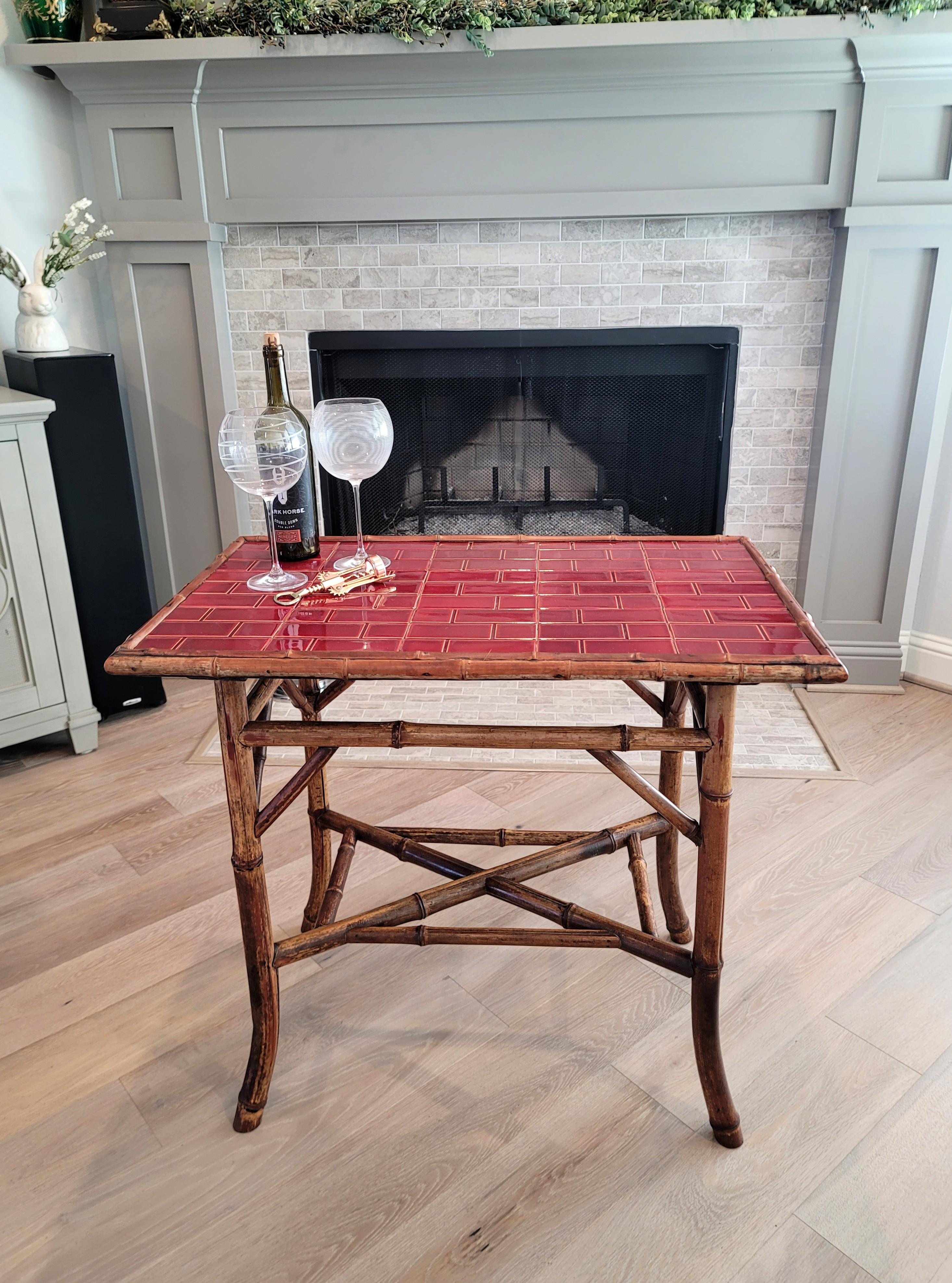 19th Century Late Victorian Red Tiled Bamboo Side Table For Sale 2
