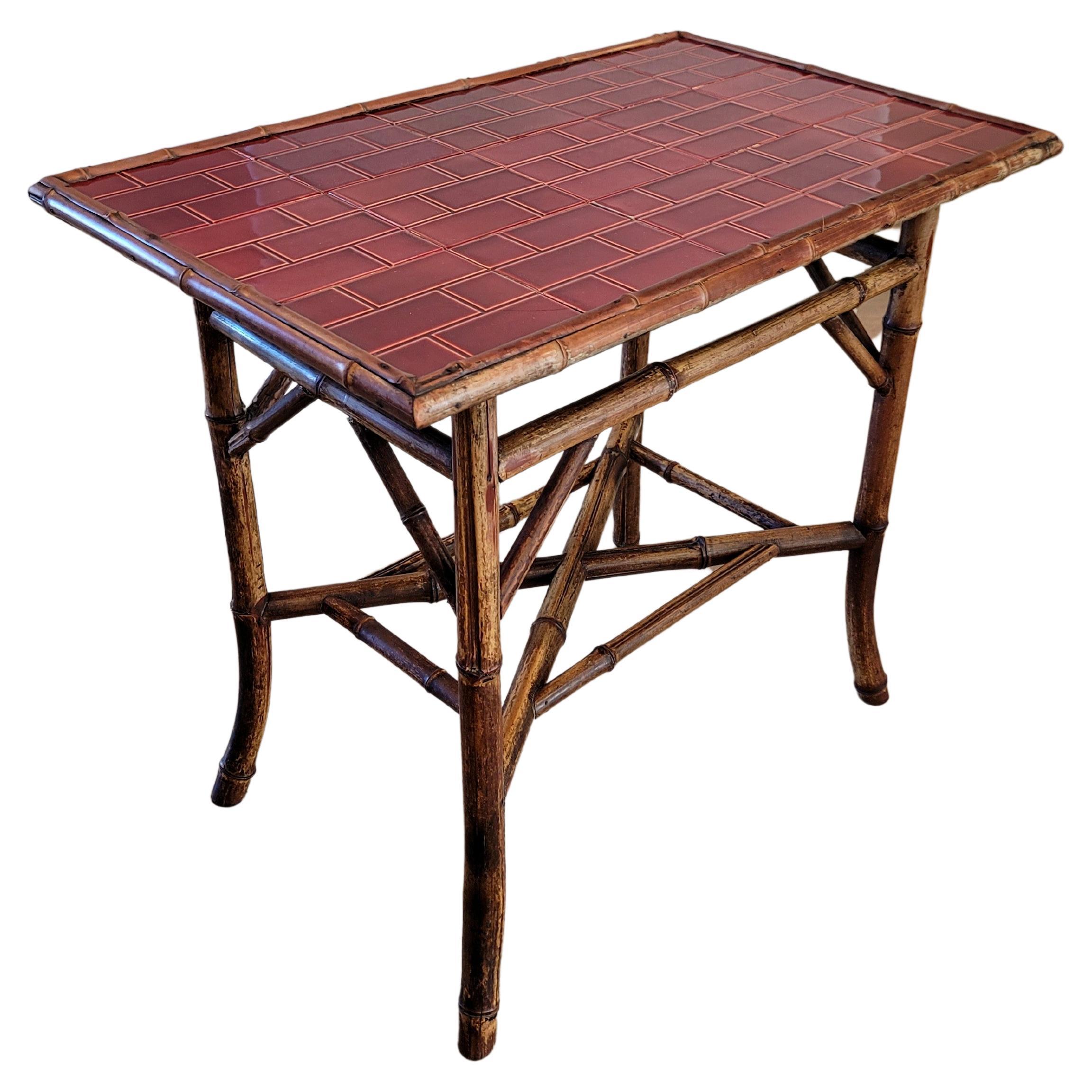 19th Century Late Victorian Red Tiled Bamboo Side Table