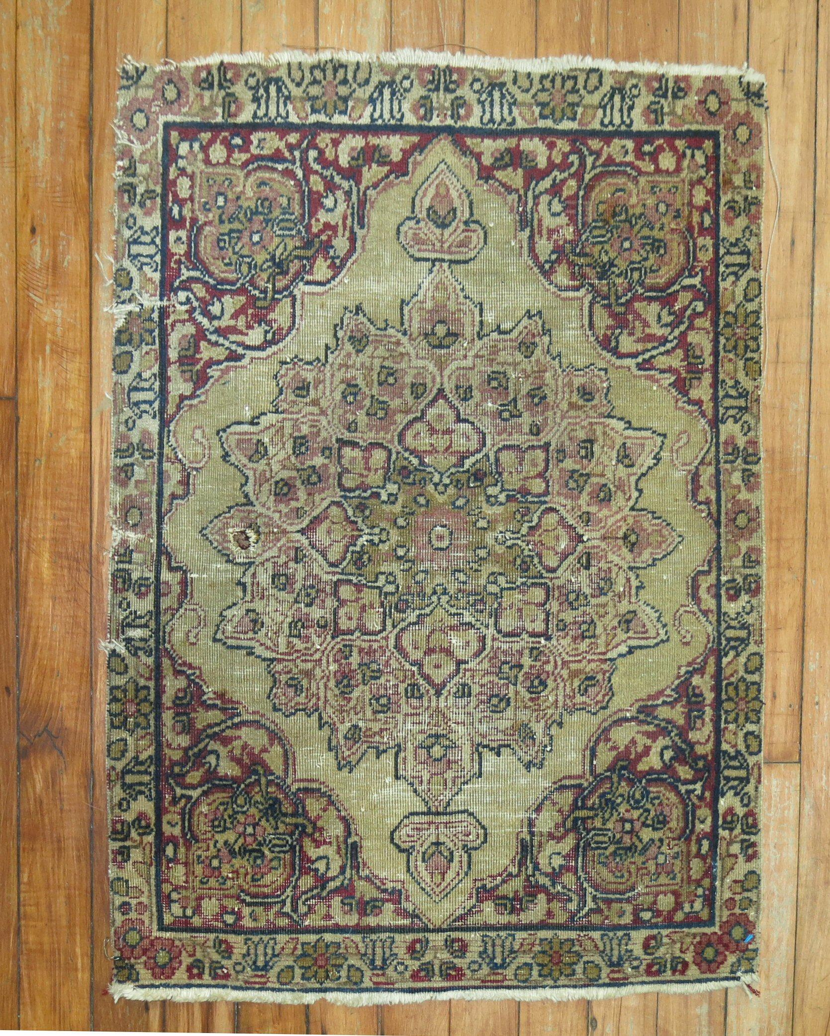 Late 19th Century worn Persian Lavar Kerman traditional mat size rug.

Measures: 1'9