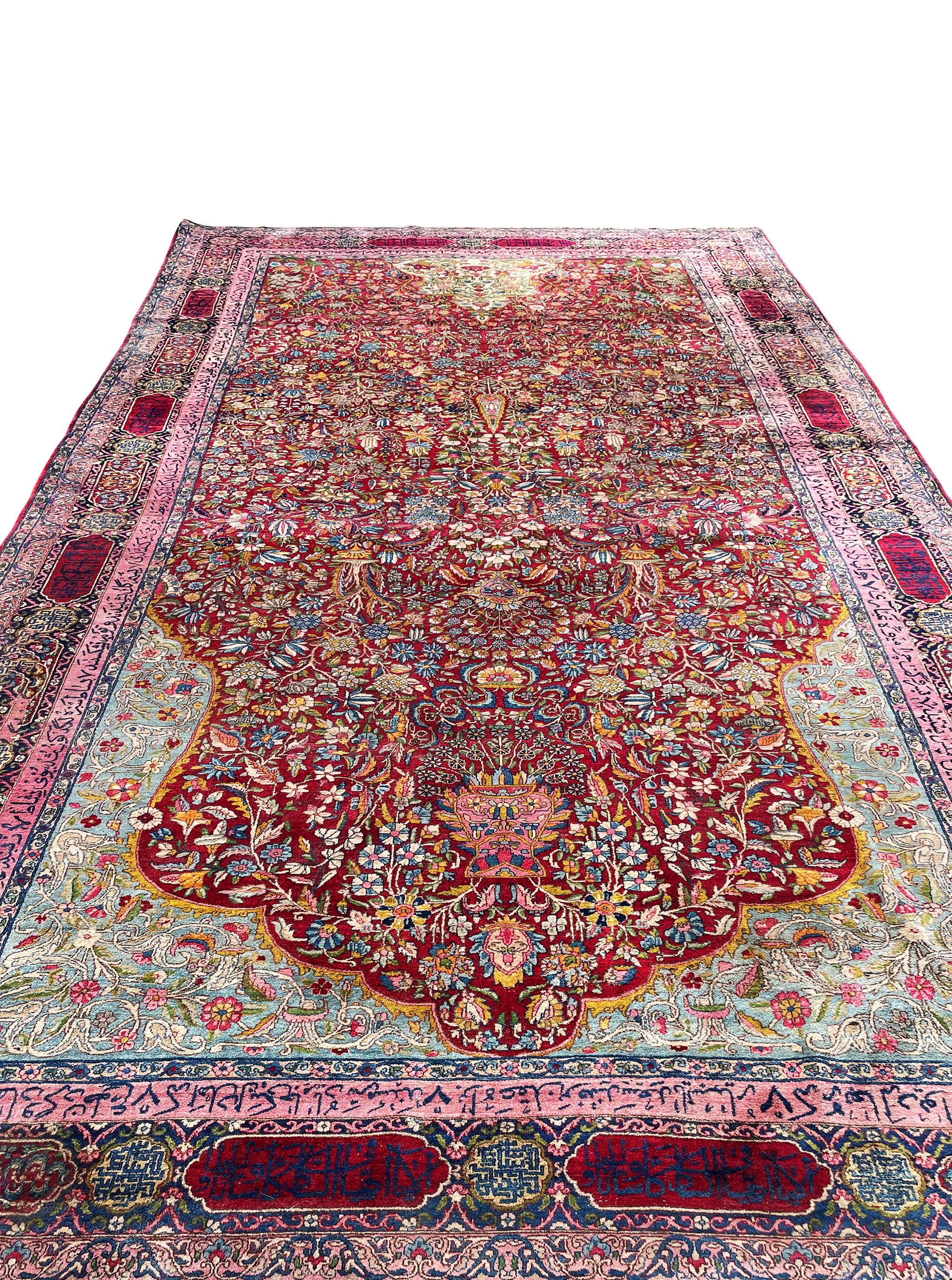 Persian 19th Century Lavar Kirman Red Calligraphy Rug For Sale