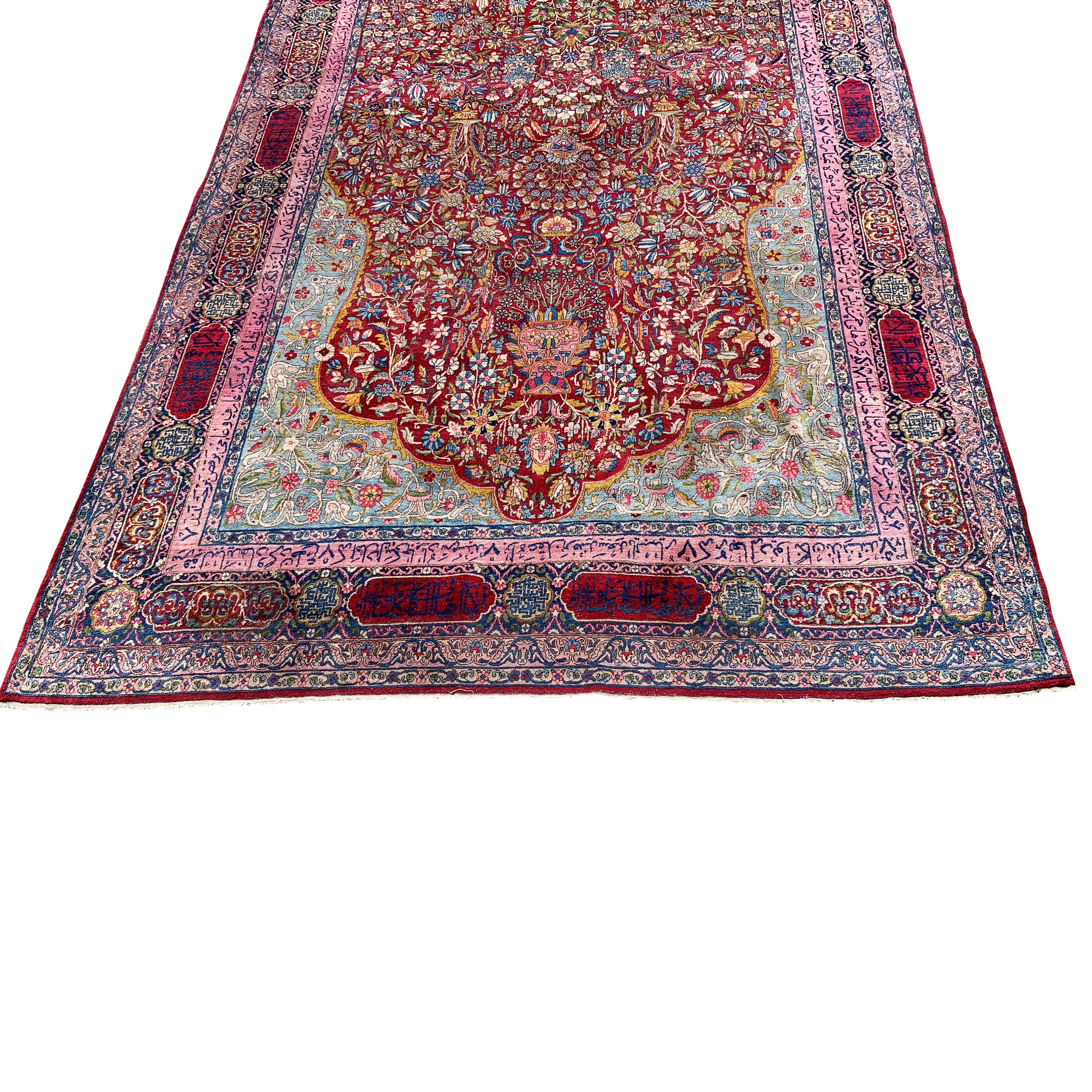 Hand-Knotted 19th Century Lavar Kirman Red Calligraphy Rug For Sale