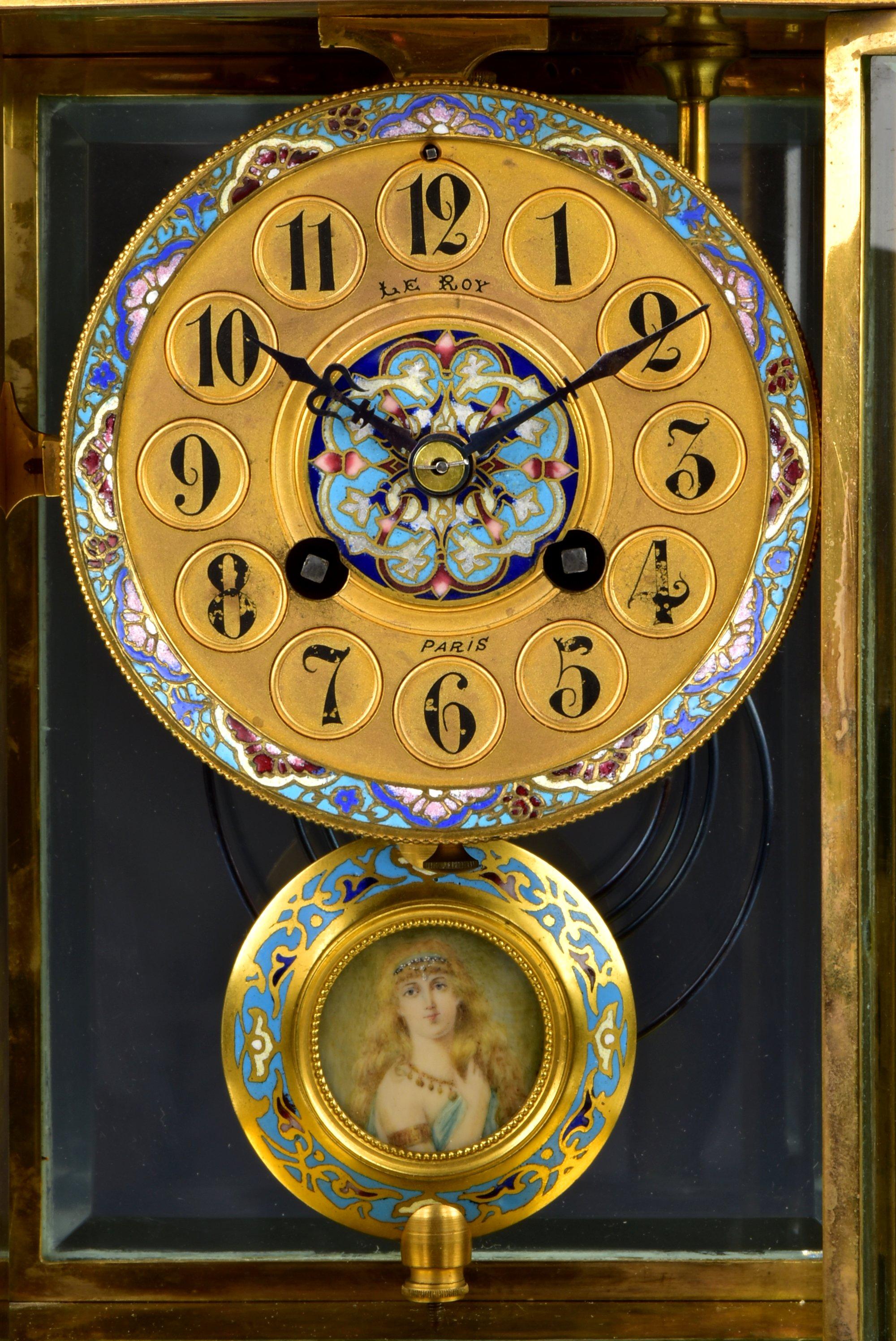 19th Century Le Roy French Champleve Mantel Clock Miniature Painting Pendulum In Good Condition In Newport, NH